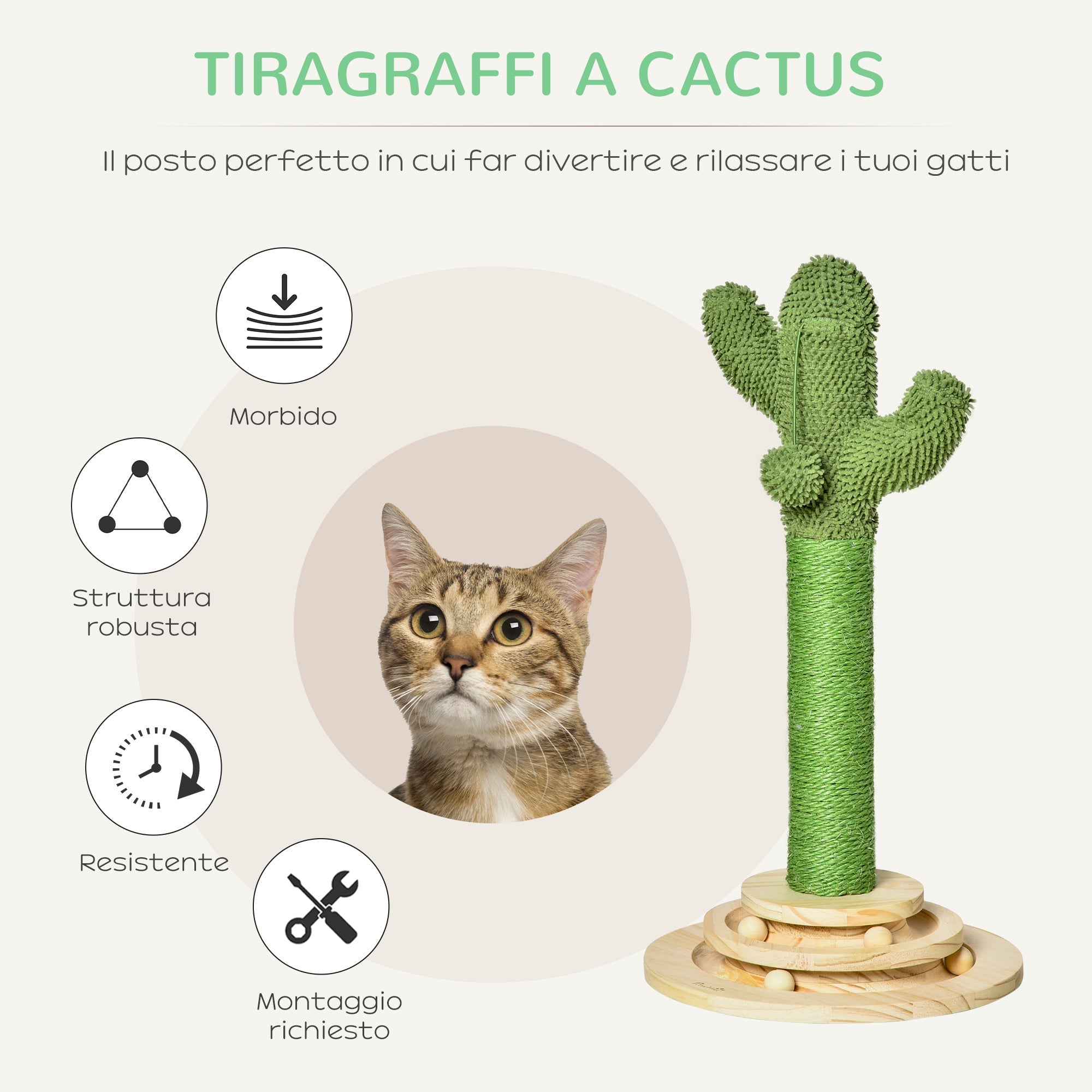 Easycomfort Albero Tiragraffi a Cactus per Gatti, Corda Sisal e Base with Palline in Legno, 32x32x60cm