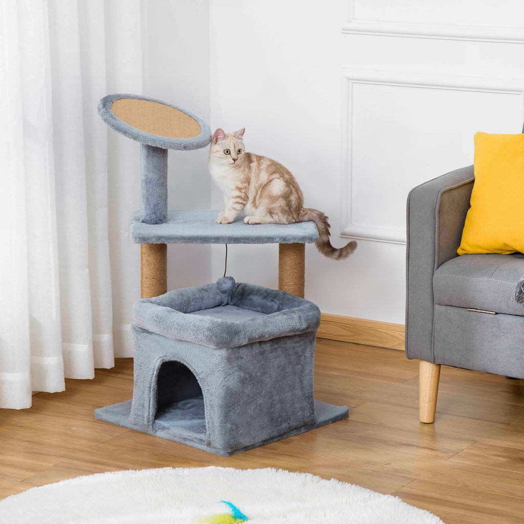 Easycomfort Tiragraffi per Gatti with Pali in Juta, Casetta e Cuscino, Rivestimento Peluche, Altezza 84cm, Grigio