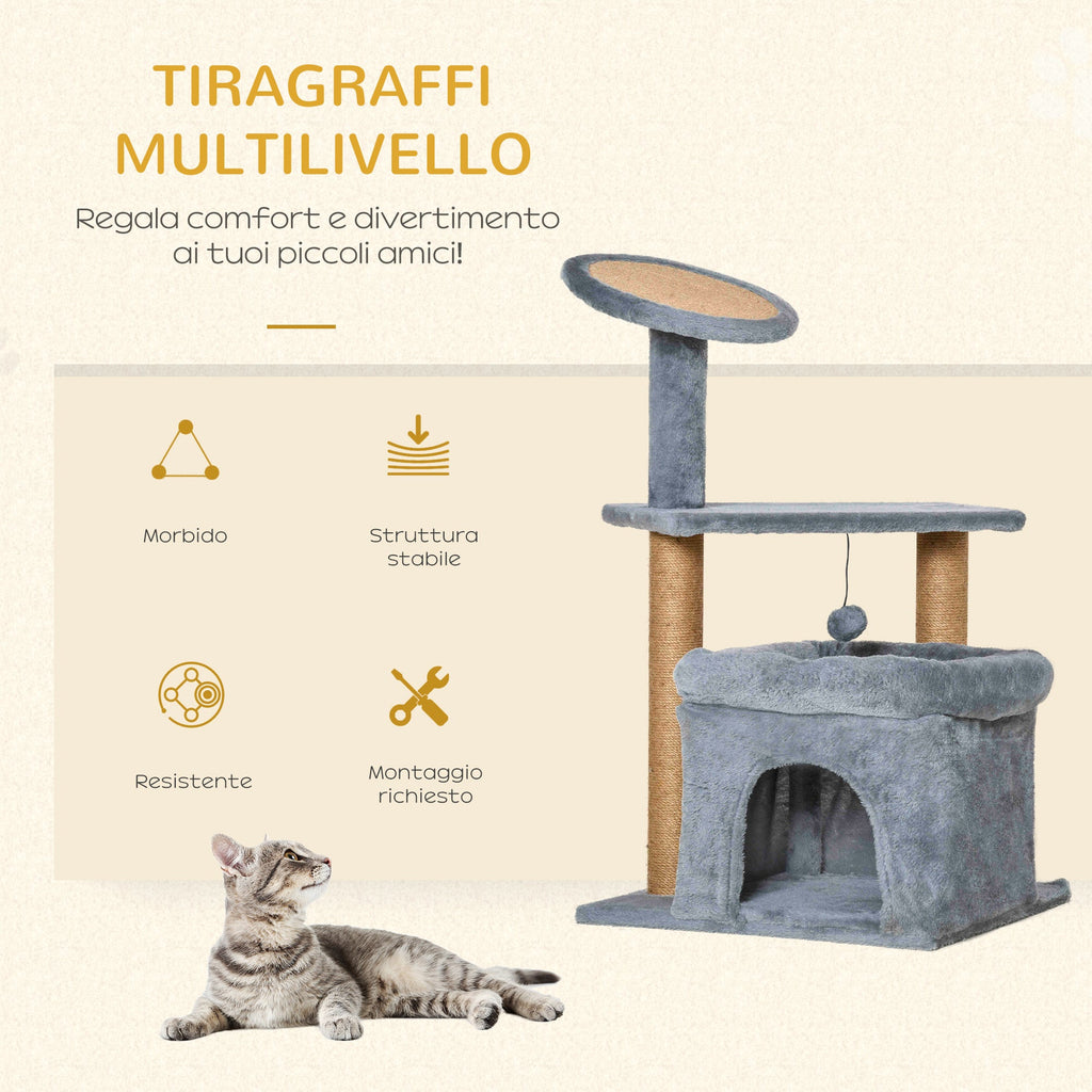 Easycomfort Tiragraffi per Gatti with Pali in Juta, Casetta e Cuscino, Rivestimento Peluche, Altezza 84cm, Grigio