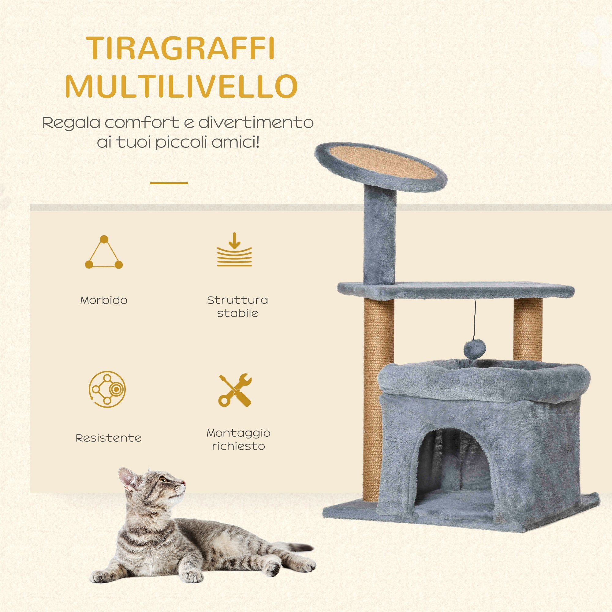 Easycomfort Tiragraffi per Gatti with Pali in Juta, Casetta e Cuscino, Rivestimento Peluche, Altezza 84cm, Grigio