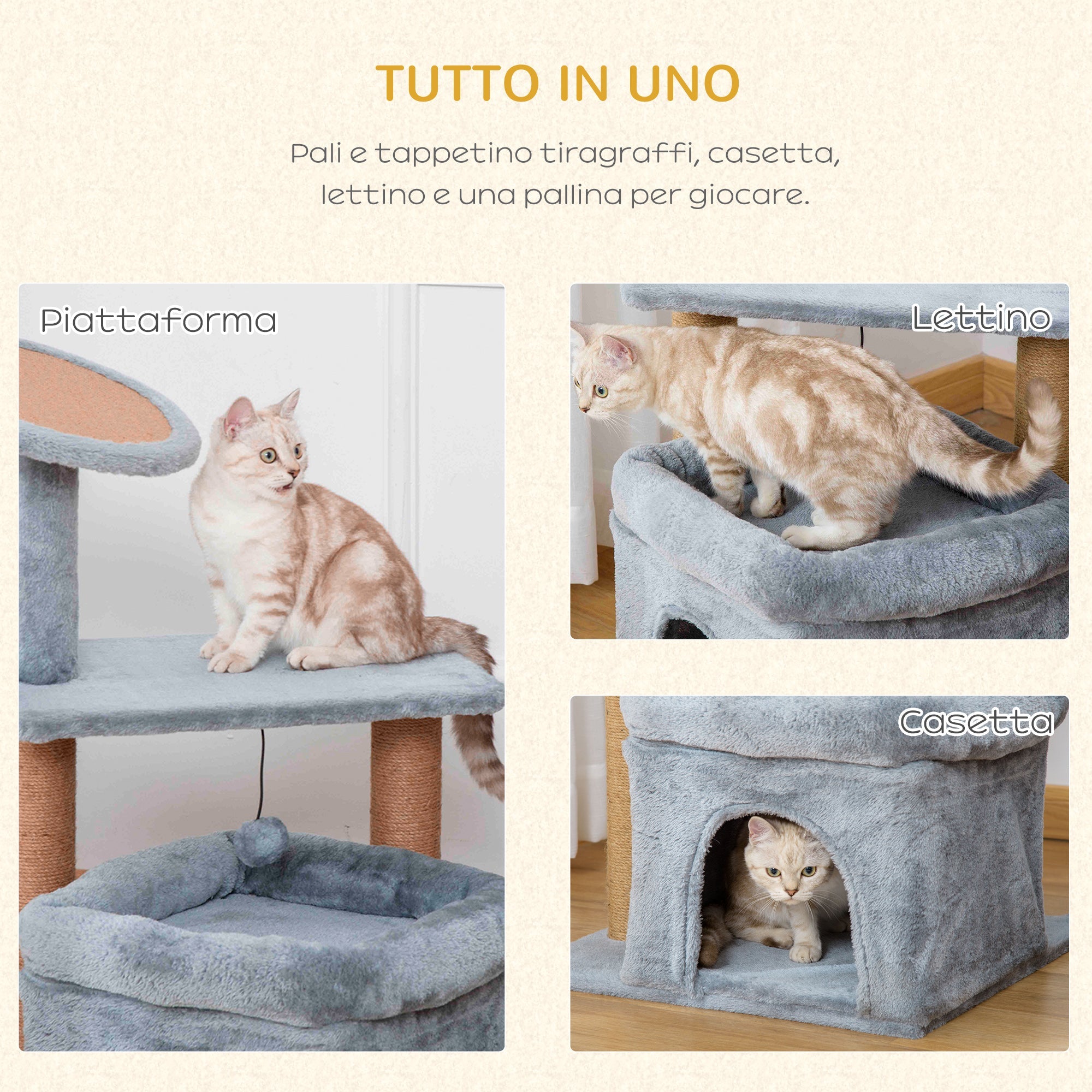 Easycomfort Tiragraffi per Gatti with Pali in Juta, Casetta e Cuscino, Rivestimento Peluche, Altezza 84cm, Grigio