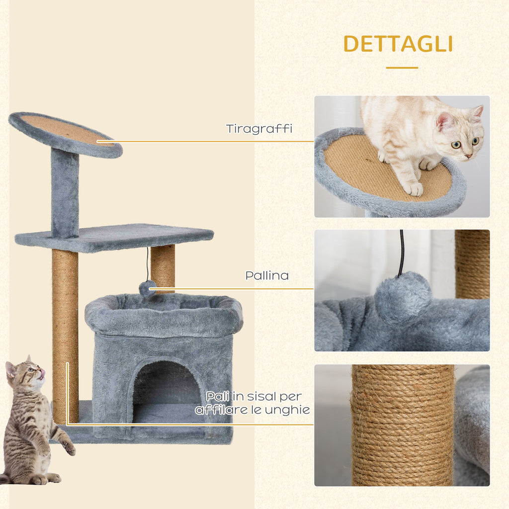 Easycomfort Tiragraffi per Gatti with Pali in Juta, Casetta e Cuscino, Rivestimento Peluche, Altezza 84cm, Grigio
