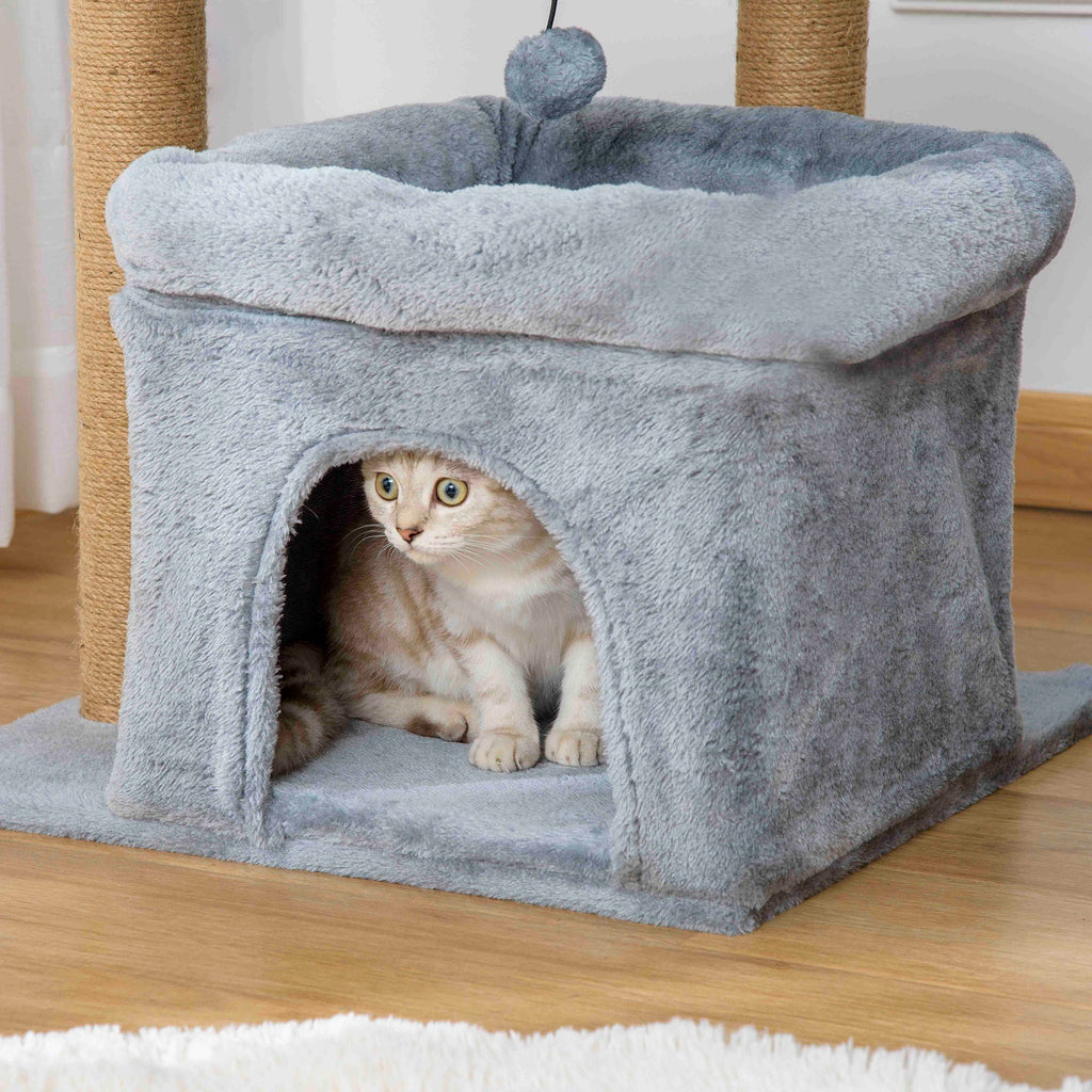 Easycomfort Tiragraffi per Gatti with Pali in Juta, Casetta e Cuscino, Rivestimento Peluche, Altezza 84cm, Grigio
