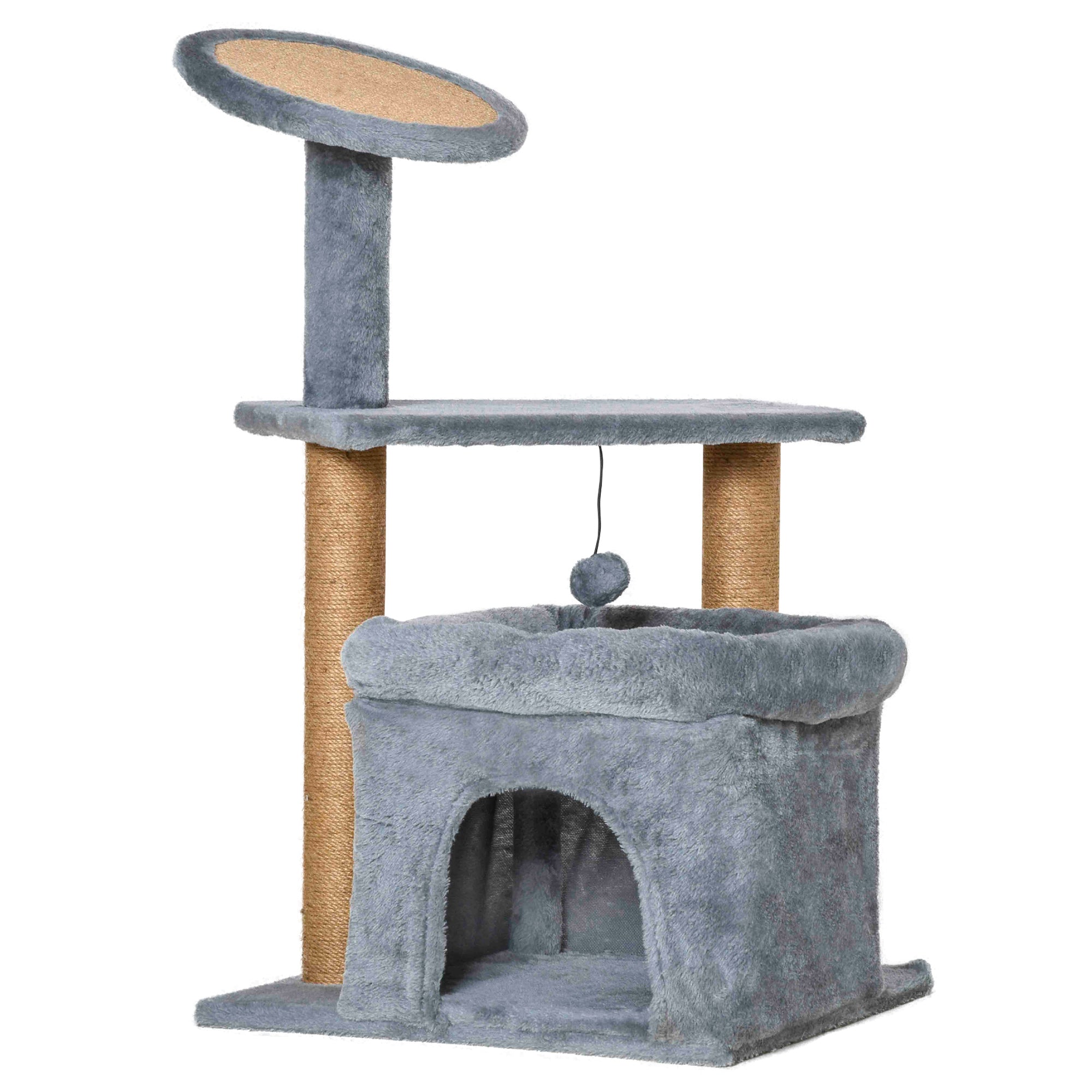 Easycomfort Tiragraffi per Gatti with Pali in Juta, Casetta e Cuscino, Rivestimento Peluche, Altezza 84cm, Grigio