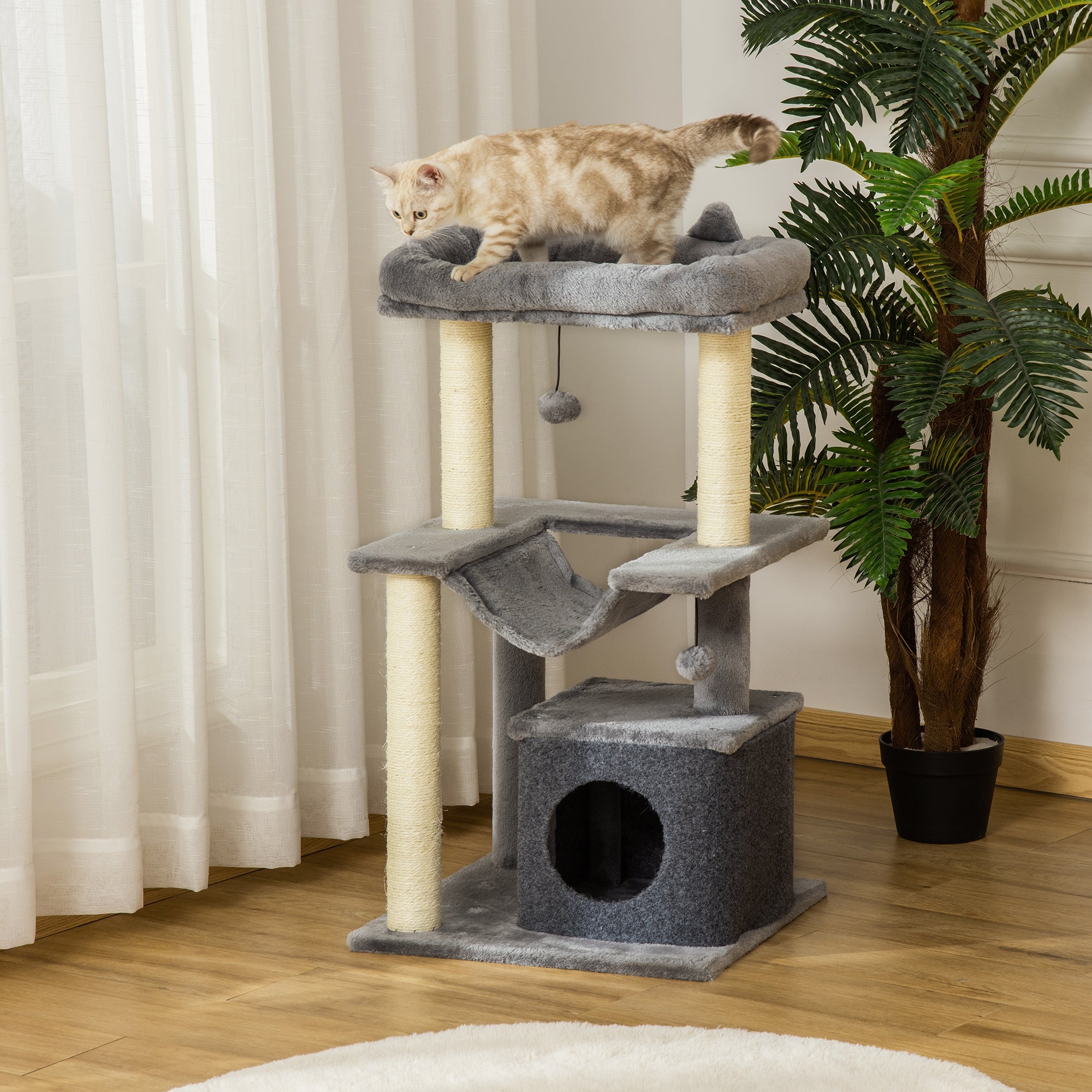Easycomfort Albero Tiragraffi with Corde Sisal, Casetta e Amaca, Rivestimento Peluche e Feltro, Altezza 100cm, Grigio