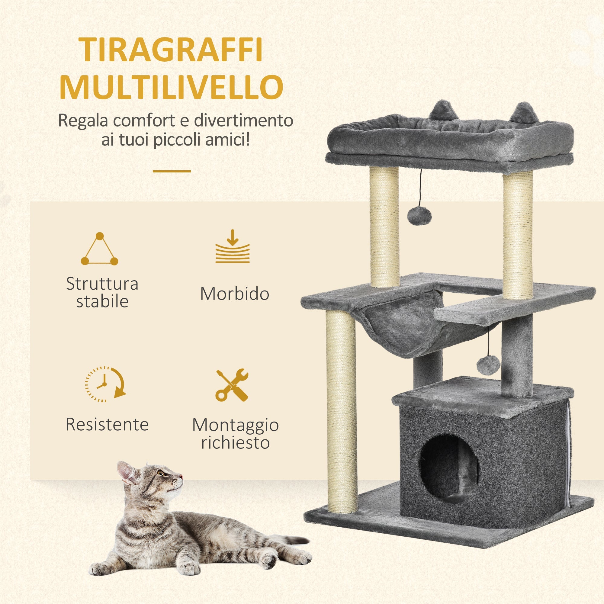Easycomfort Albero Tiragraffi with Corde Sisal, Casetta e Amaca, Rivestimento Peluche e Feltro, Altezza 100cm, Grigio