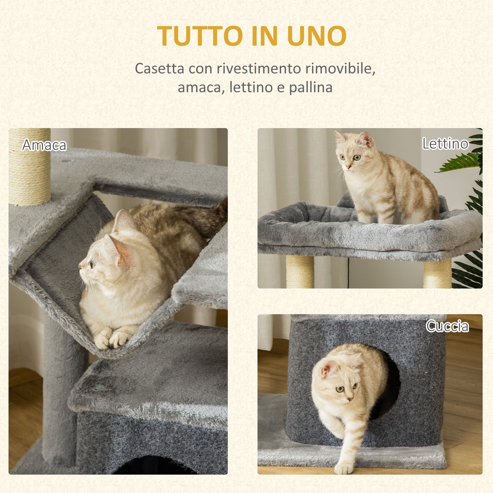 Easycomfort Albero Tiragraffi with Corde Sisal, Casetta e Amaca, Rivestimento Peluche e Feltro, Altezza 100cm, Grigio