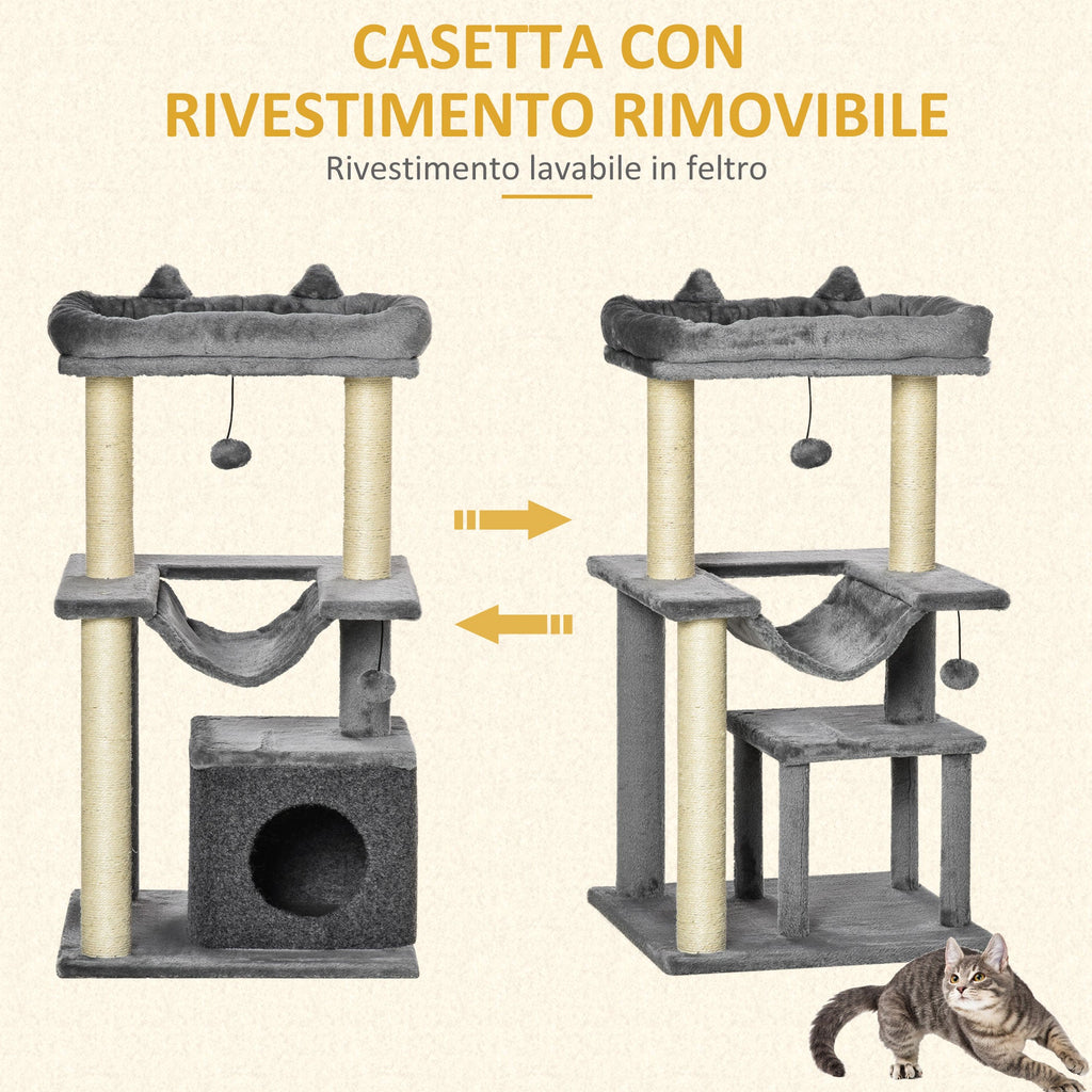 Easycomfort Albero Tiragraffi with Corde Sisal, Casetta e Amaca, Rivestimento Peluche e Feltro, Altezza 100cm, Grigio