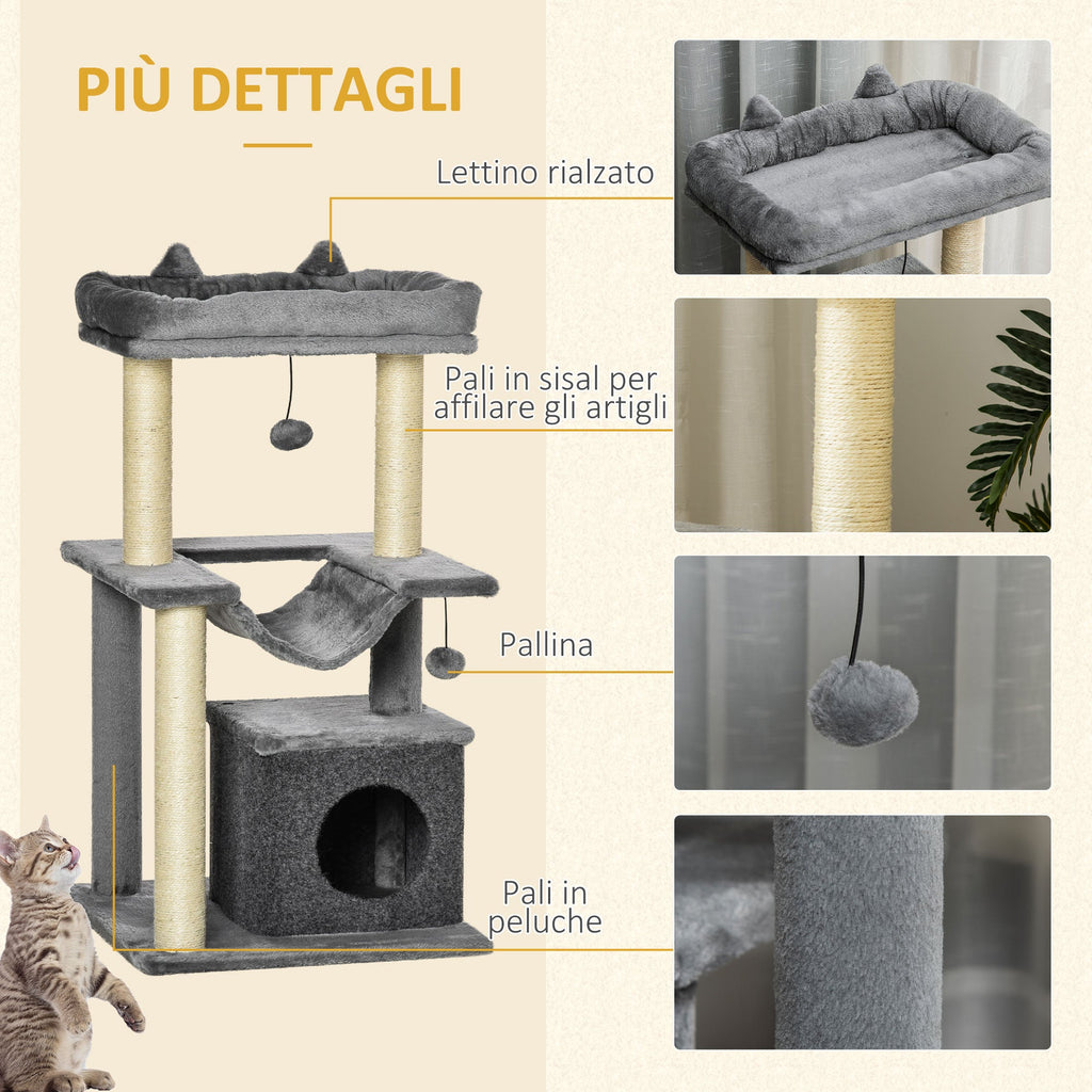 Easycomfort Albero Tiragraffi with Corde Sisal, Casetta e Amaca, Rivestimento Peluche e Feltro, Altezza 100cm, Grigio