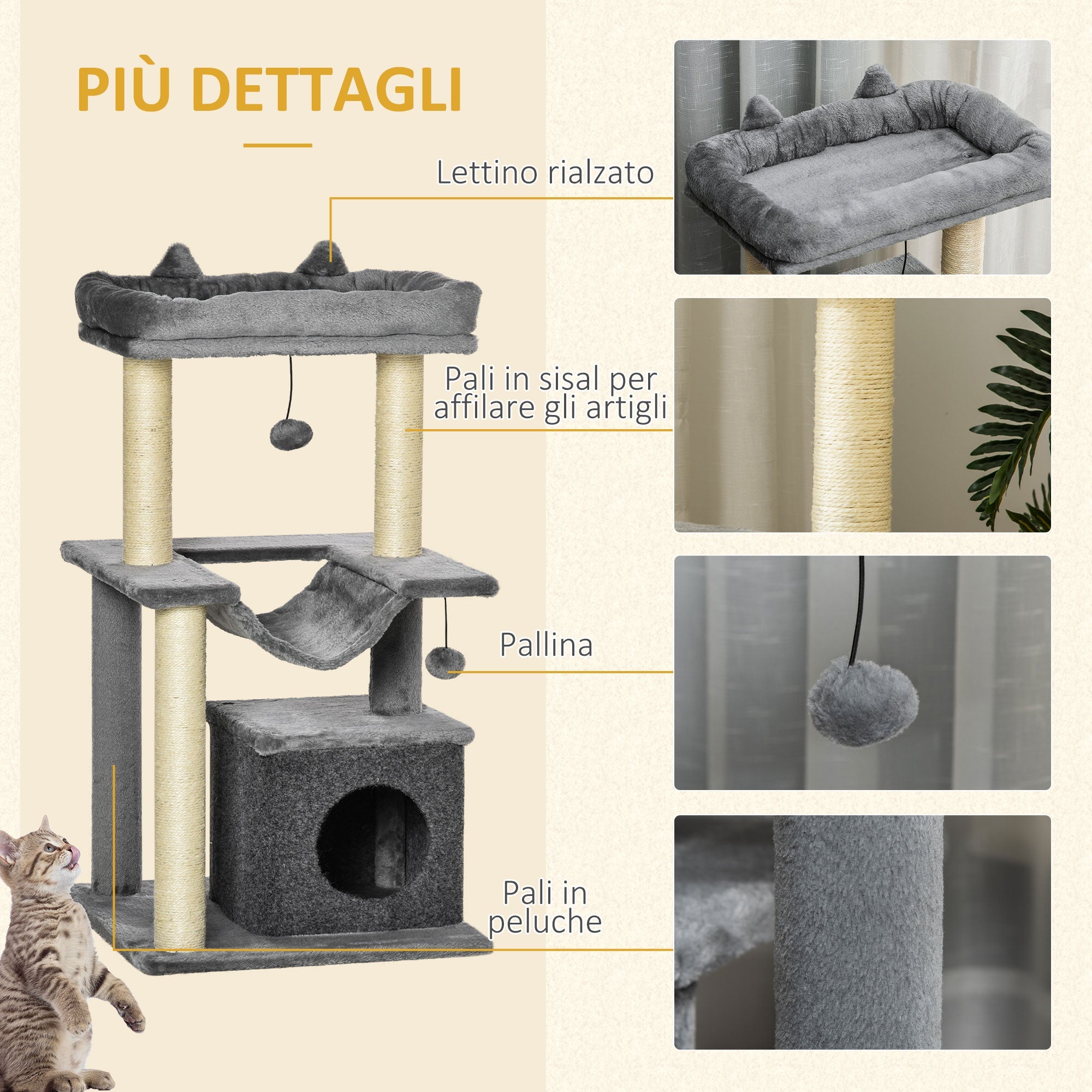 Easycomfort Albero Tiragraffi with Corde Sisal, Casetta e Amaca, Rivestimento Peluche e Feltro, Altezza 100cm, Grigio