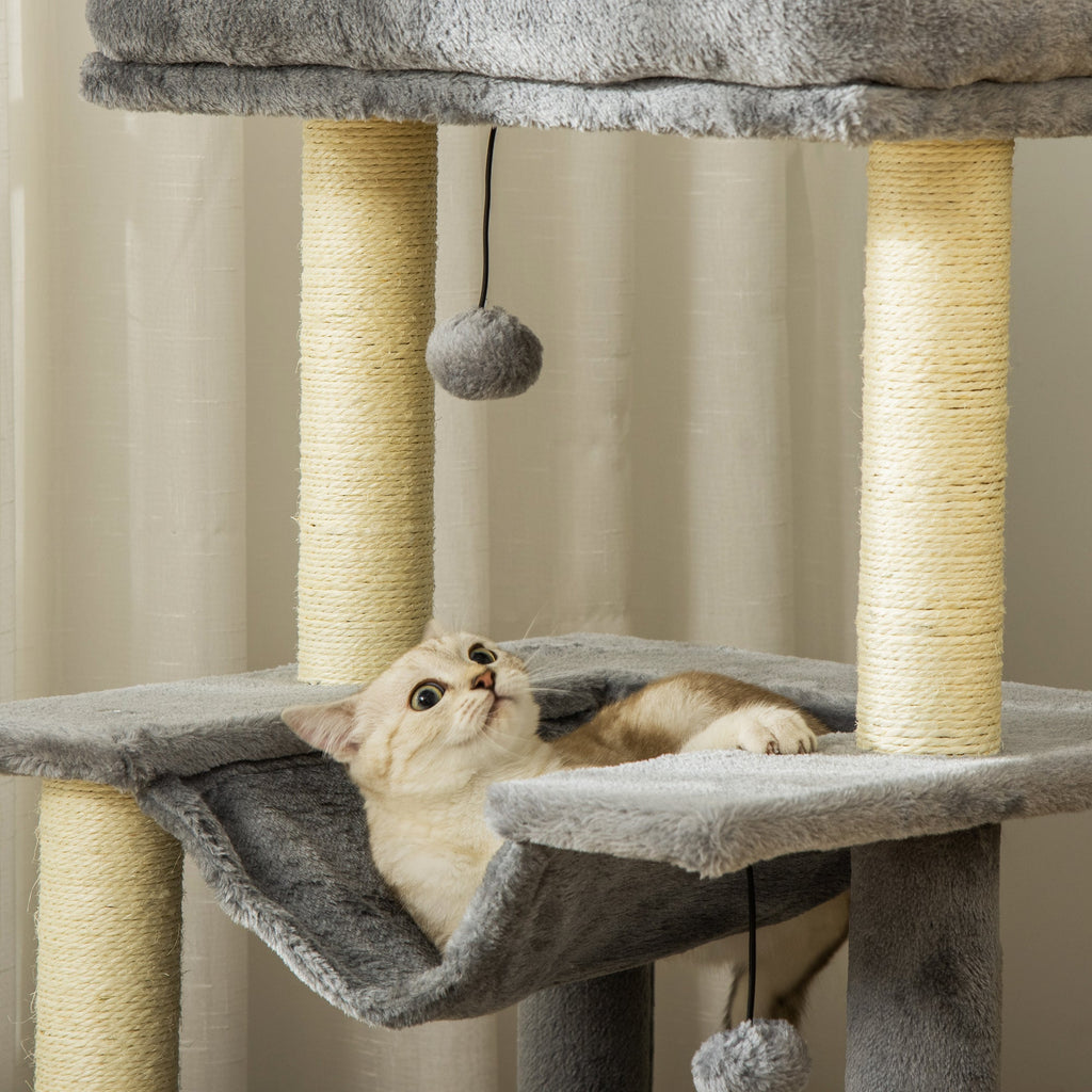 Easycomfort Albero Tiragraffi with Corde Sisal, Casetta e Amaca, Rivestimento Peluche e Feltro, Altezza 100cm, Grigio