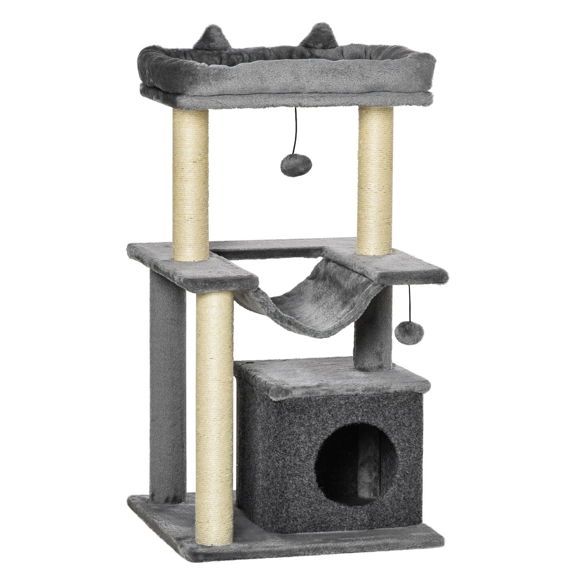 Easycomfort Albero Tiragraffi with Corde Sisal, Casetta e Amaca, Rivestimento Peluche e Feltro, Altezza 100cm, Grigio
