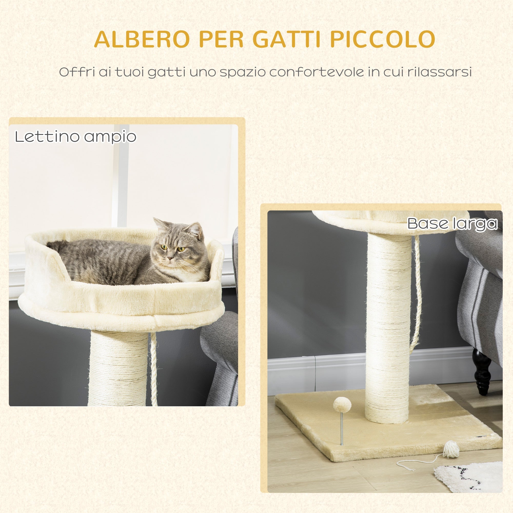 Easycomfort Albero Tiragraffi per Gatti with Lettino e Pallina in Peluche e Palo in Sisal 55x55x83cm Beige
