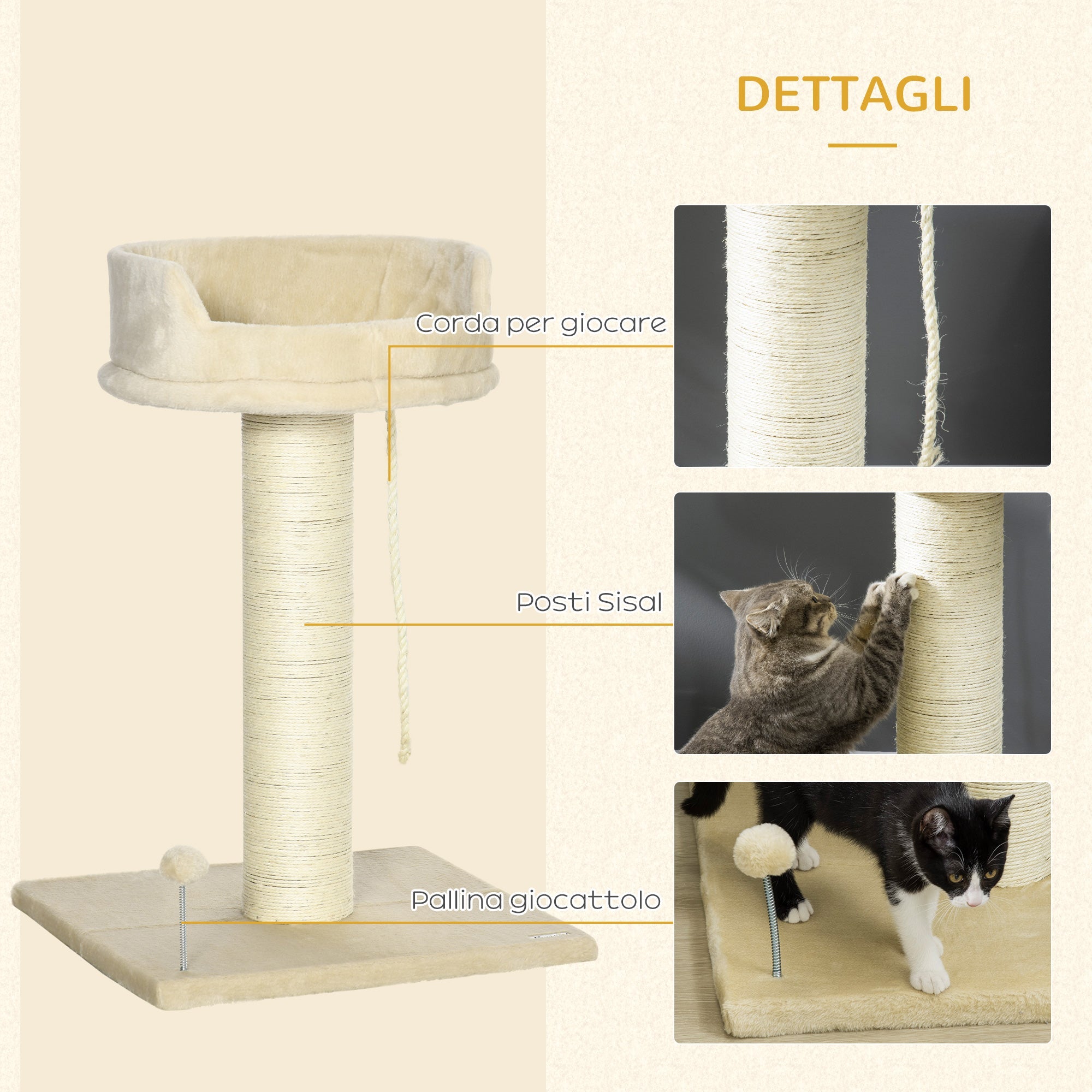 Easycomfort Albero Tiragraffi per Gatti with Lettino e Pallina in Peluche e Palo in Sisal 55x55x83cm Beige