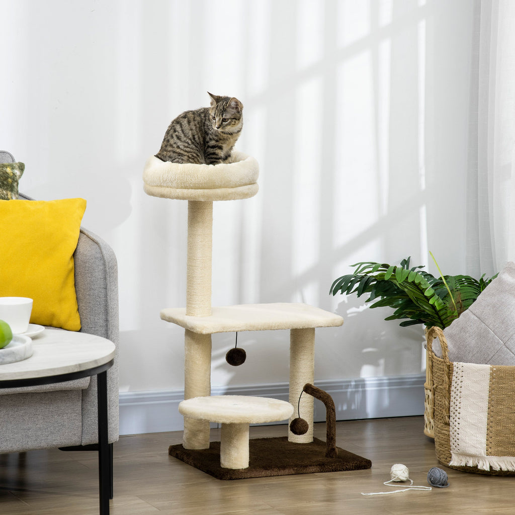 EASYCOMFORT Scratching Post for Cats with Sisal Pole, Perch and Play Balls, in Chipboard and Plush, 44x38x74 cm