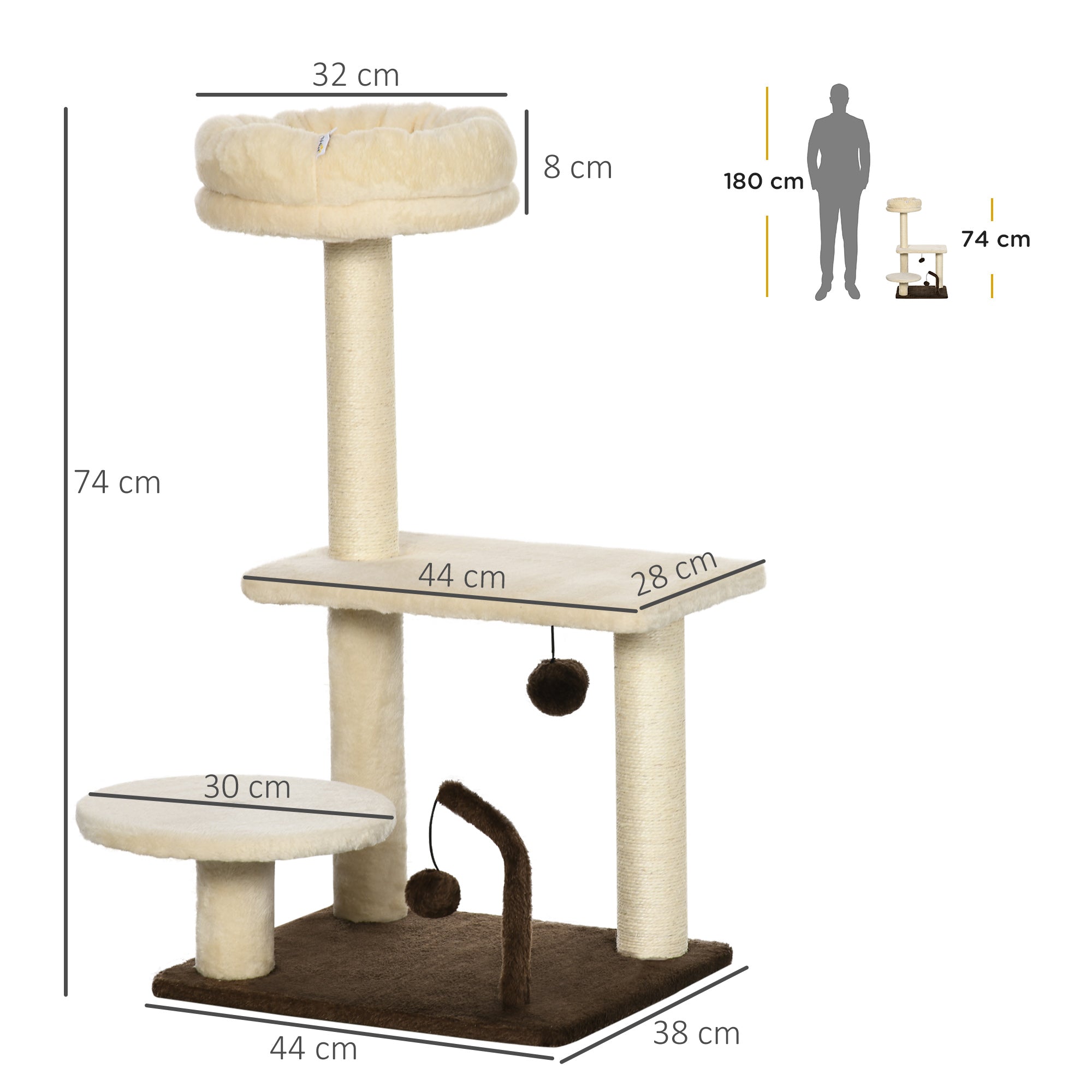 EASYCOMFORT Scratching Post for Cats with Sisal Pole, Perch and Play Balls, in Chipboard and Plush, 44x38x74 cm