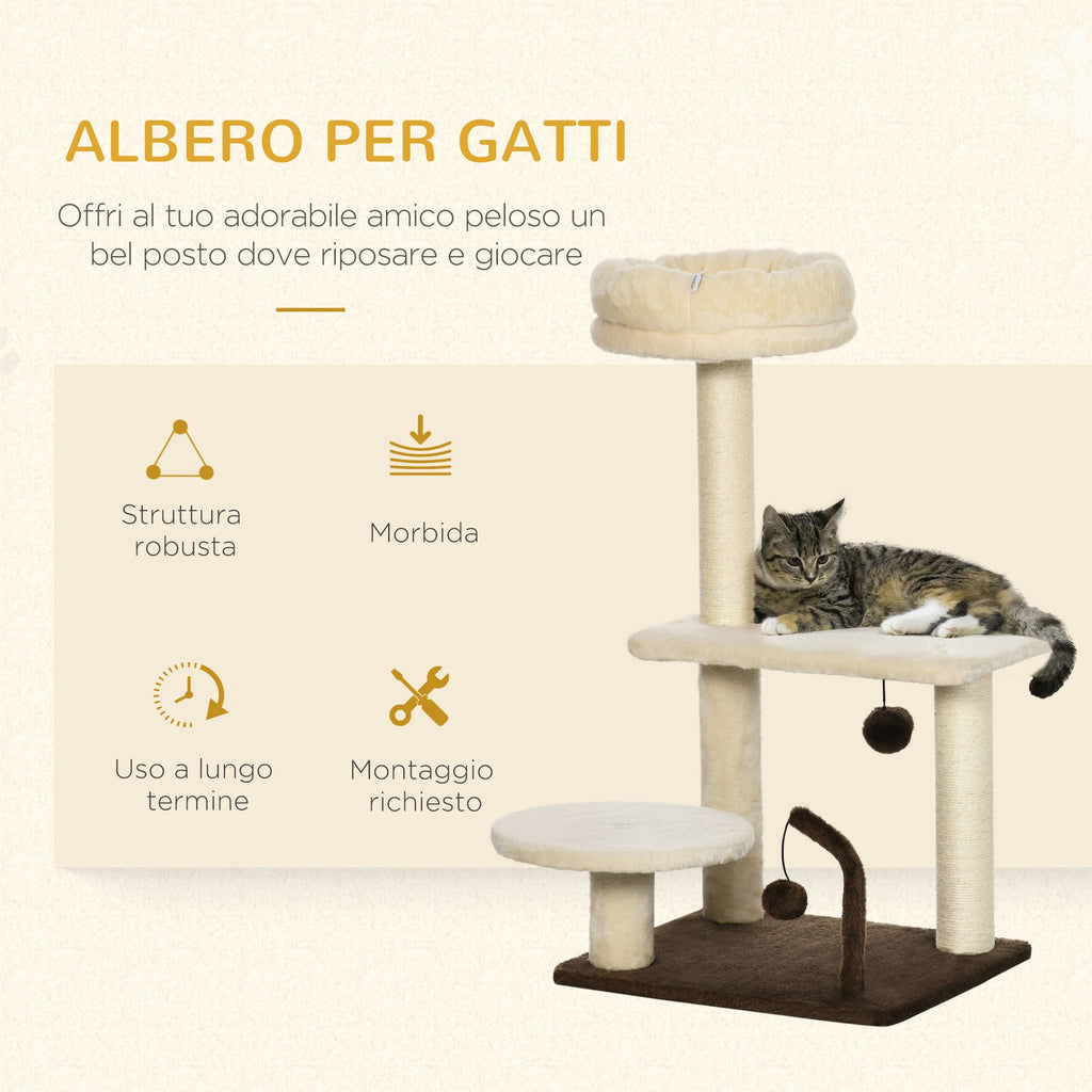 EASYCOMFORT Scratching Post for Cats with Sisal Pole, Perch and Play Balls, in Chipboard and Plush, 44x38x74 cm