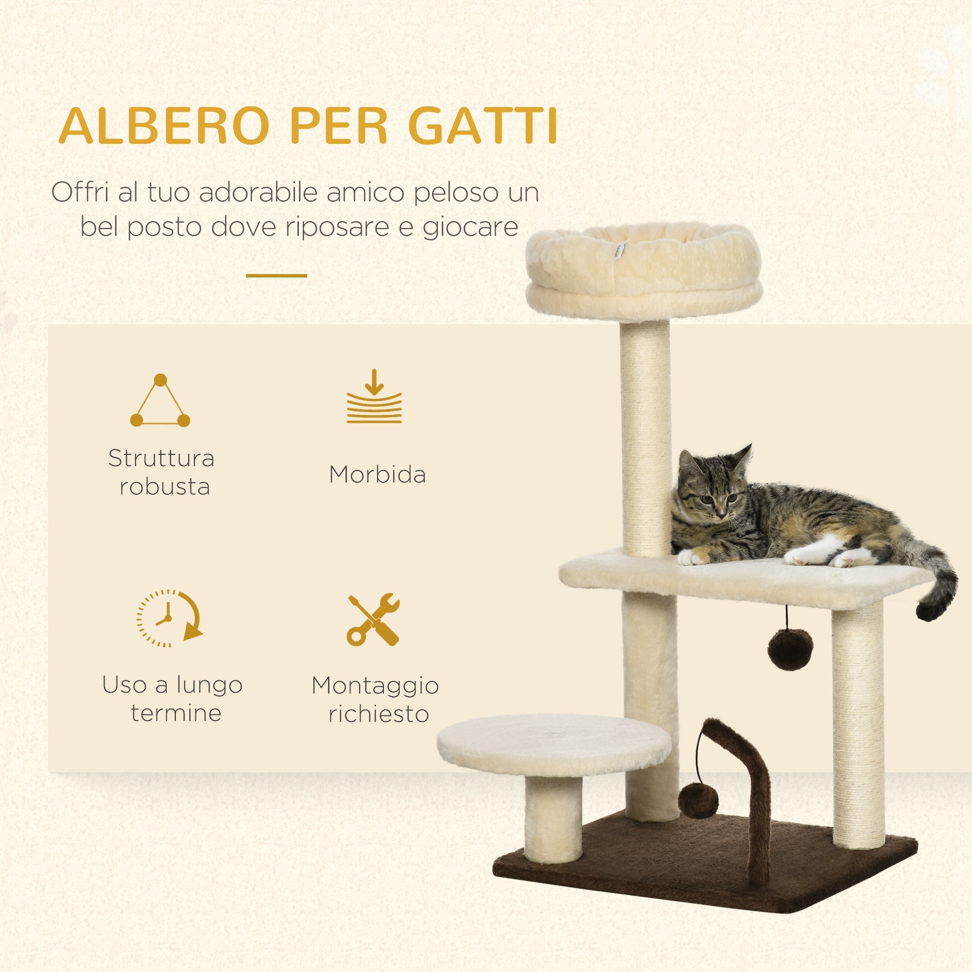 EASYCOMFORT Scratching Post for Cats with Sisal Pole, Perch and Play Balls, in Chipboard and Plush, 44x38x74 cm