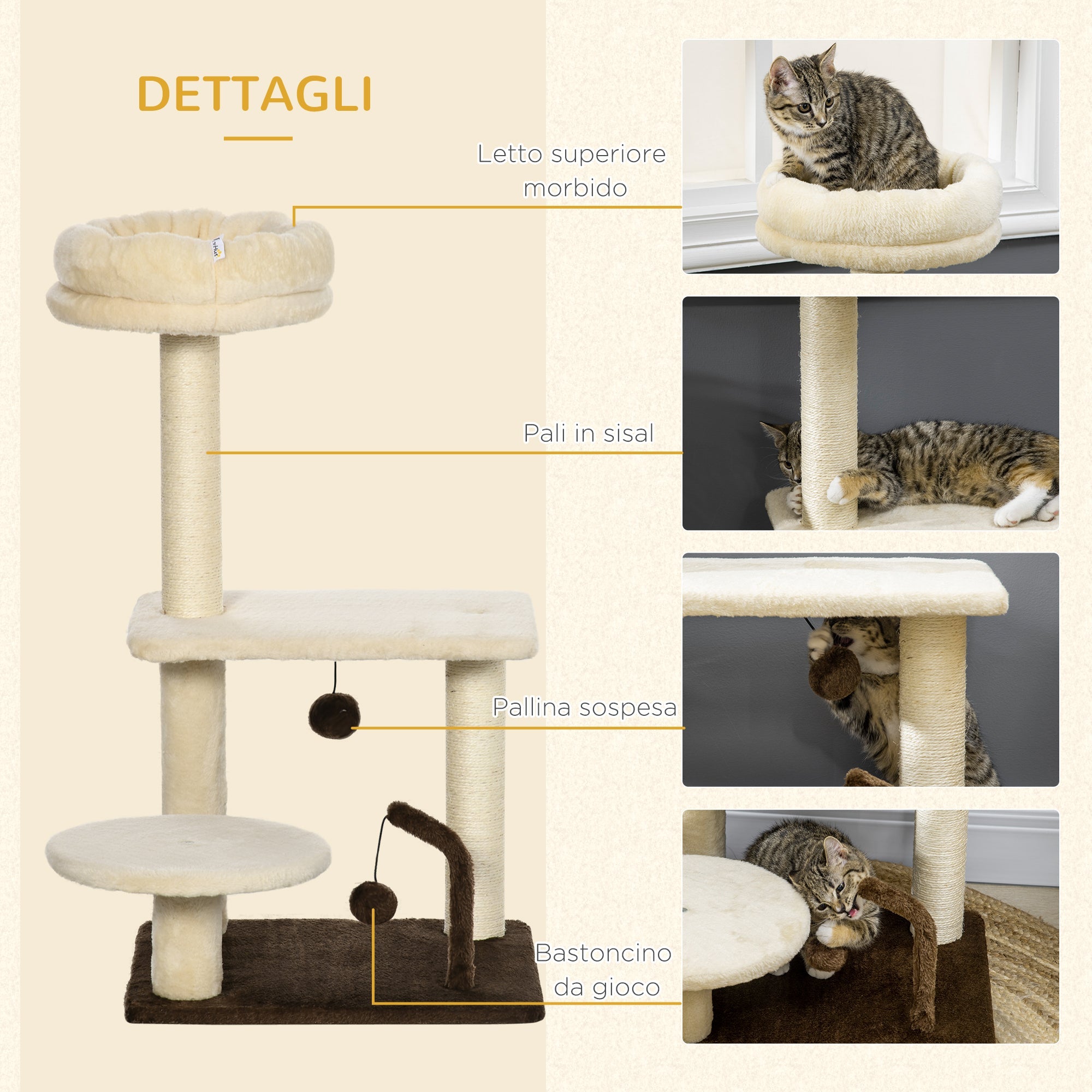 EASYCOMFORT Scratching Post for Cats with Sisal Pole, Perch and Play Balls, in Chipboard and Plush, 44x38x74 cm