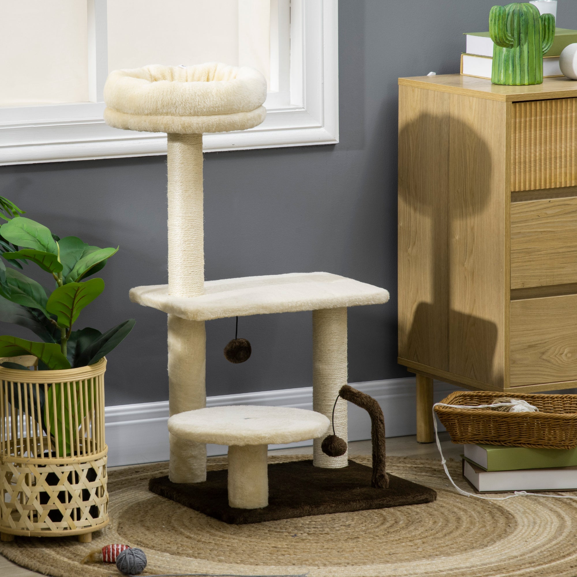 EASYCOMFORT Scratching Post for Cats with Sisal Pole, Perch and Play Balls, in Chipboard and Plush, 44x38x74 cm