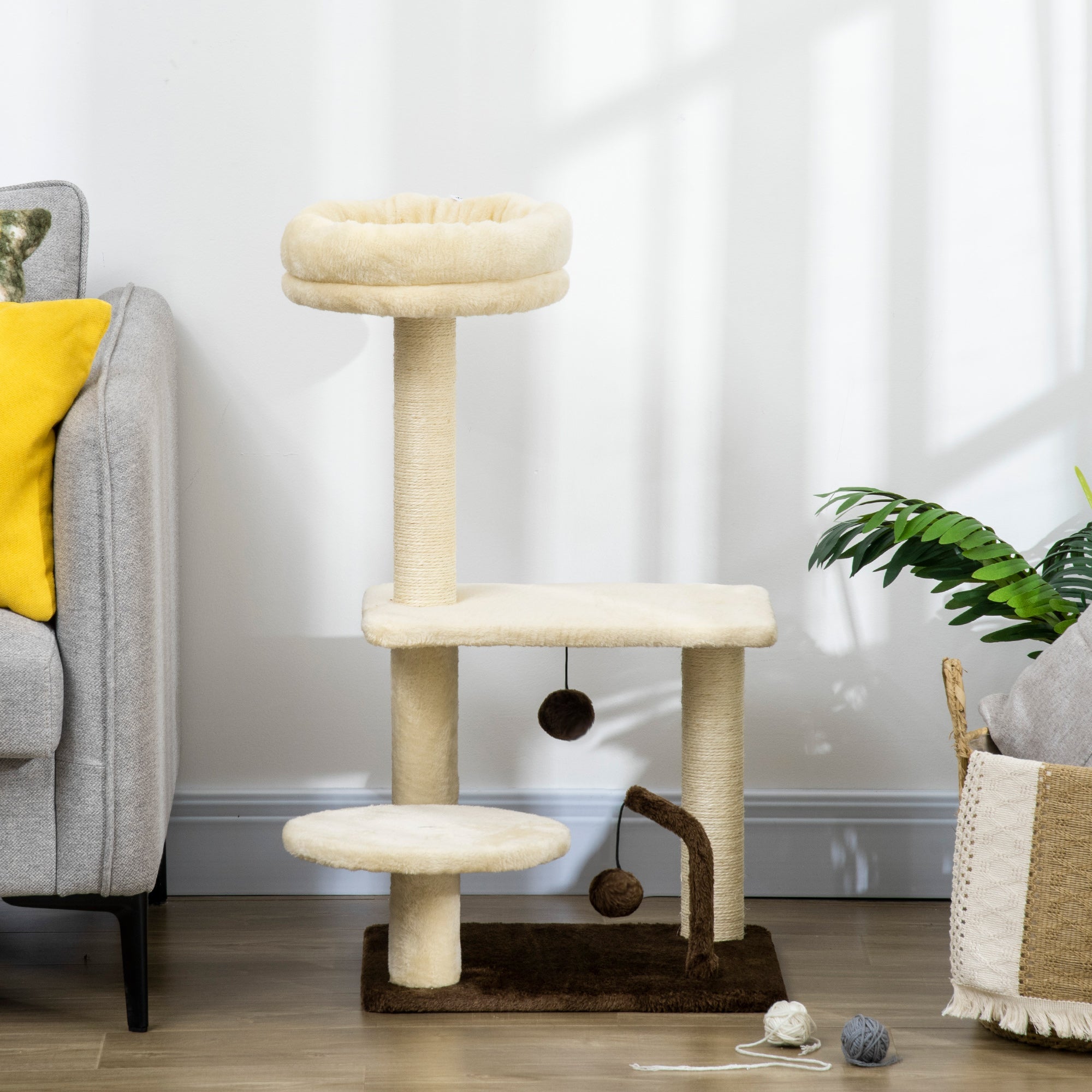 EASYCOMFORT Scratching Post for Cats with Sisal Pole, Perch and Play Balls, in Chipboard and Plush, 44x38x74 cm