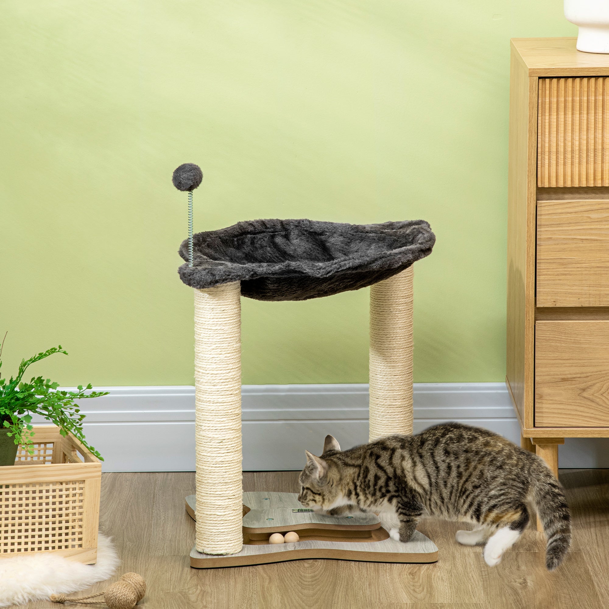 EASYCOMFORT Scratching Post for Cats with Plush Hammock, Wooden Base with Toy and Sisal Poles, 53.55x53.5x66cm, Gray