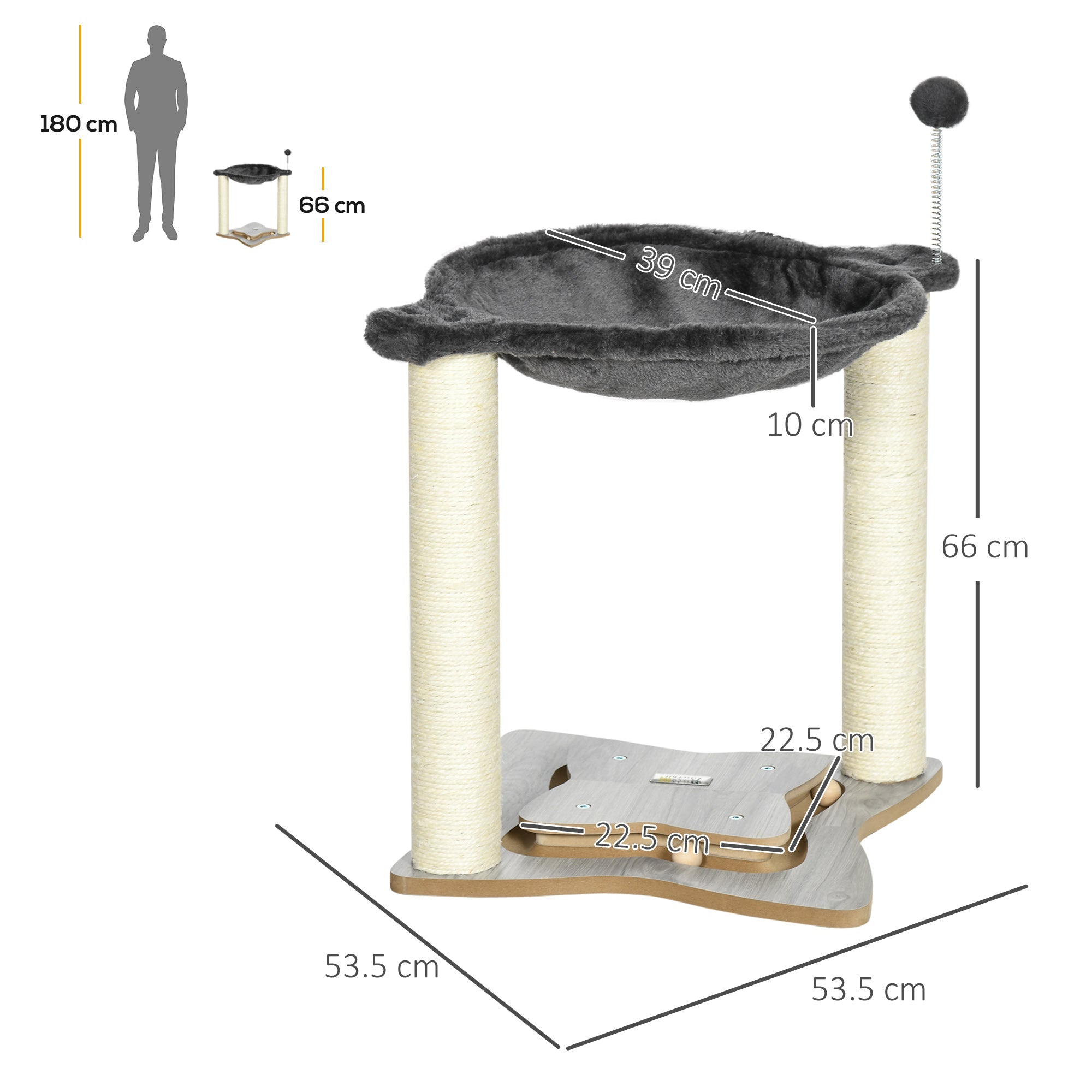 EASYCOMFORT Scratching Post for Cats with Plush Hammock, Wooden Base with Toy and Sisal Poles, 53.55x53.5x66cm, Gray