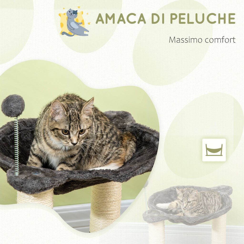 EASYCOMFORT Scratching Post for Cats with Plush Hammock, Wooden Base with Toy and Sisal Poles, 53.55x53.5x66cm, Gray