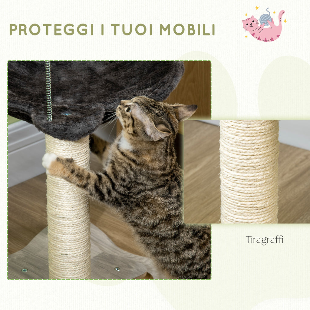 EASYCOMFORT Scratching Post for Cats with Plush Hammock, Wooden Base with Toy and Sisal Poles, 53.55x53.5x66cm, Gray