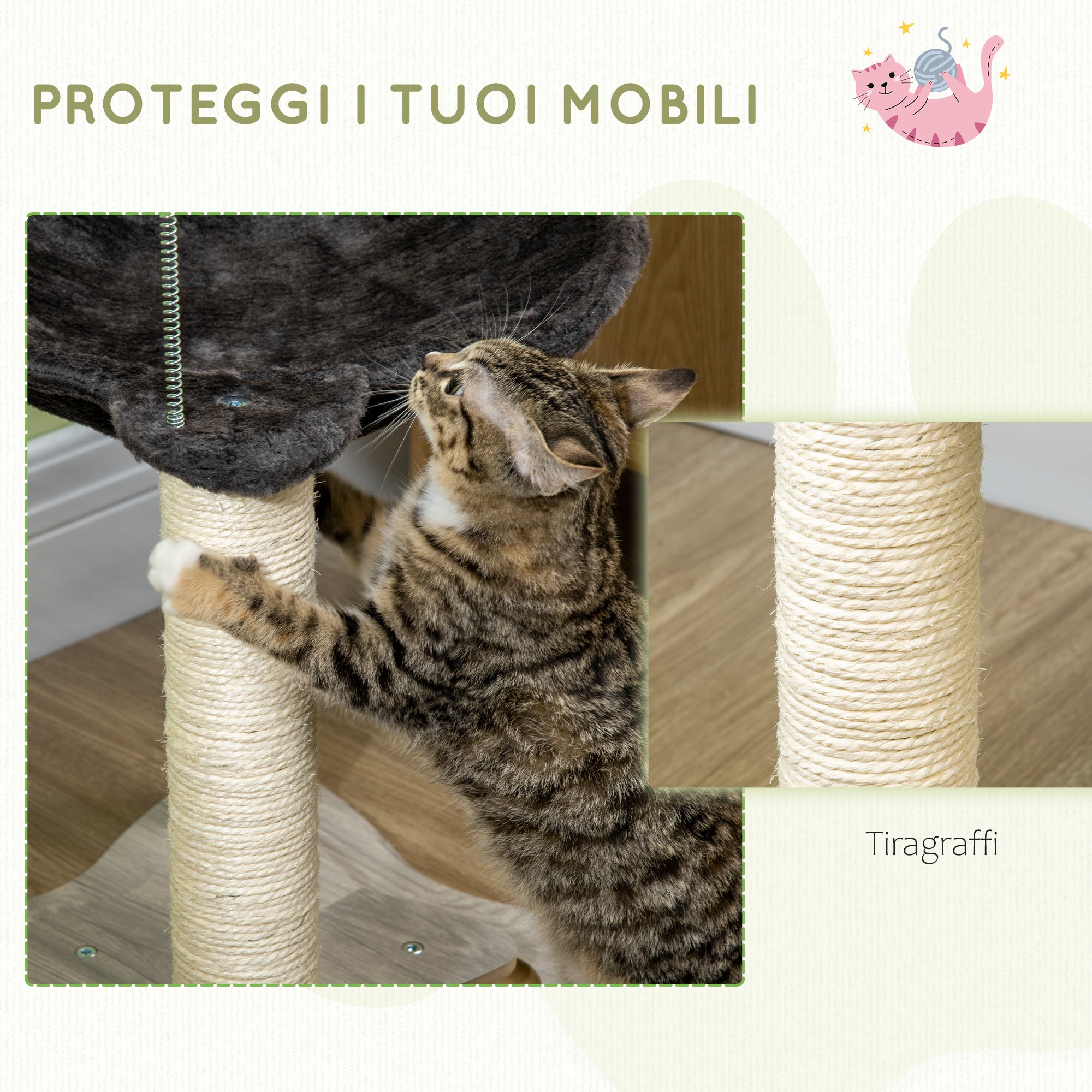 EASYCOMFORT Scratching Post for Cats with Plush Hammock, Wooden Base with Toy and Sisal Poles, 53.55x53.5x66cm, Gray