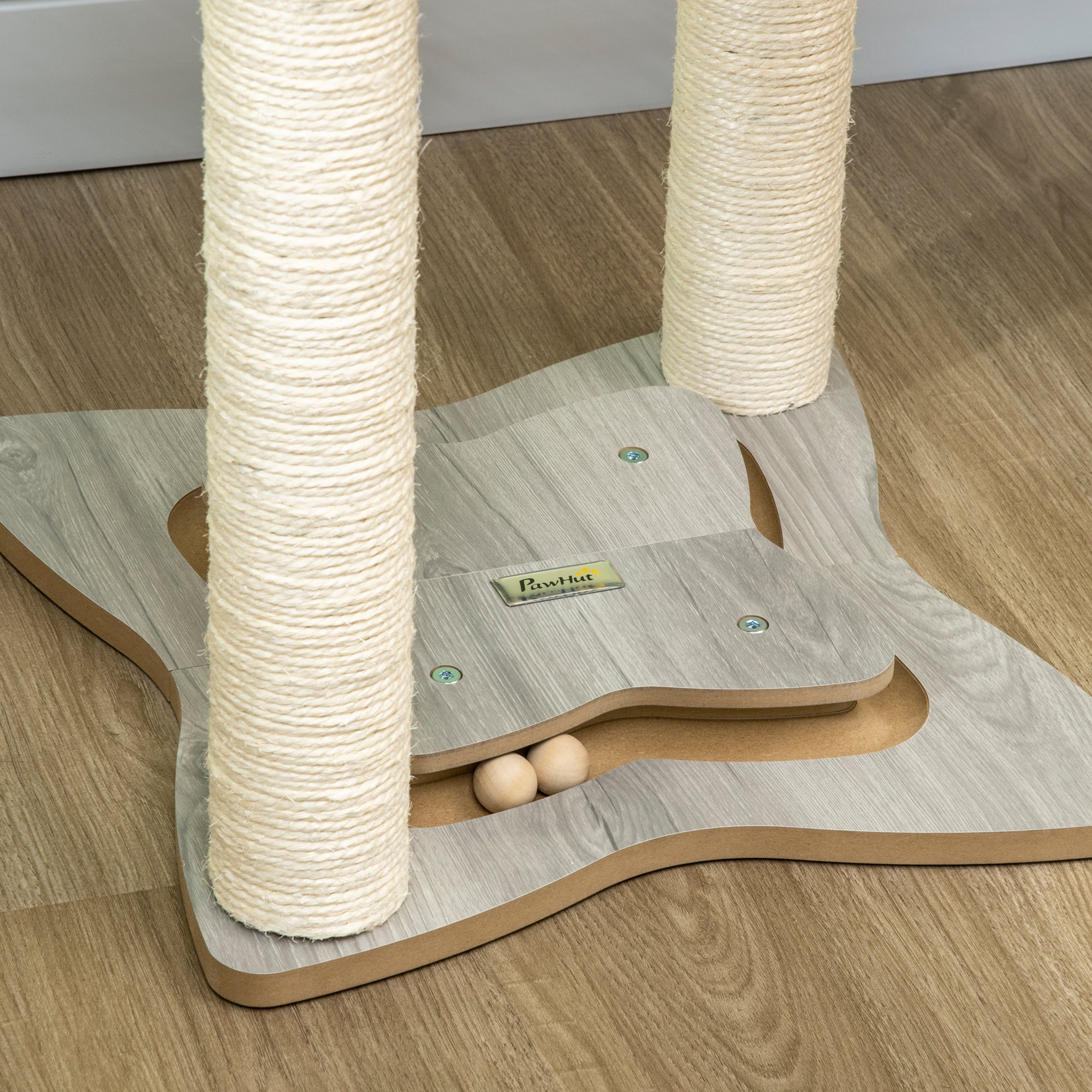 EASYCOMFORT Scratching Post for Cats with Plush Hammock, Wooden Base with Toy and Sisal Poles, 53.55x53.5x66cm, Gray