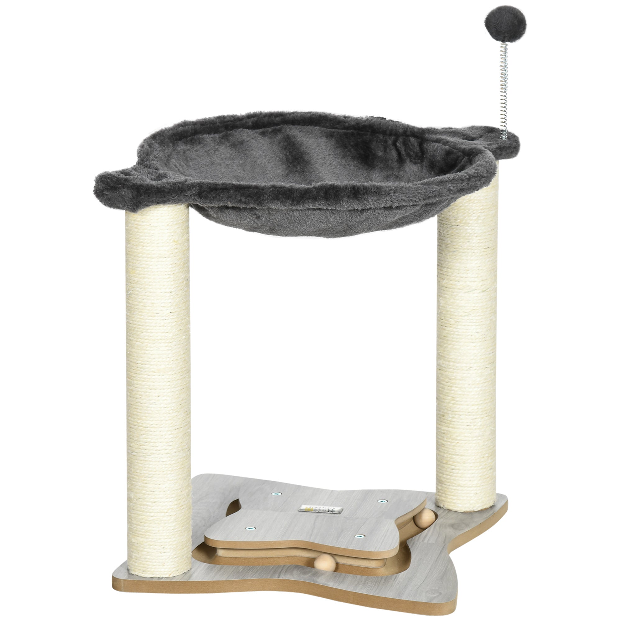 EASYCOMFORT Scratching Post for Cats with Plush Hammock, Wooden Base with Toy and Sisal Poles, 53.55x53.5x66cm, Gray