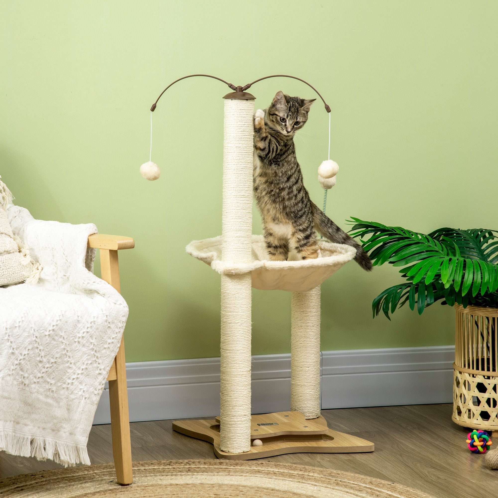 EASYCOMFORT Scratching Tree for Cats max 5kg with Hammock, Play Balls and Sisal Poles, 53.5x53.5x90 cm, Beige