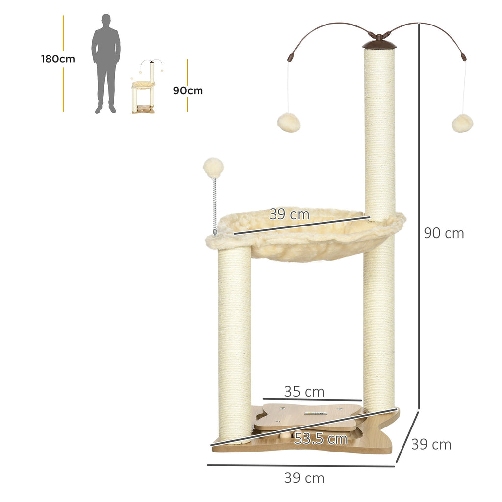 EASYCOMFORT Scratching Tree for Cats max 5kg with Hammock, Play Balls and Sisal Poles, 53.5x53.5x90 cm, Beige