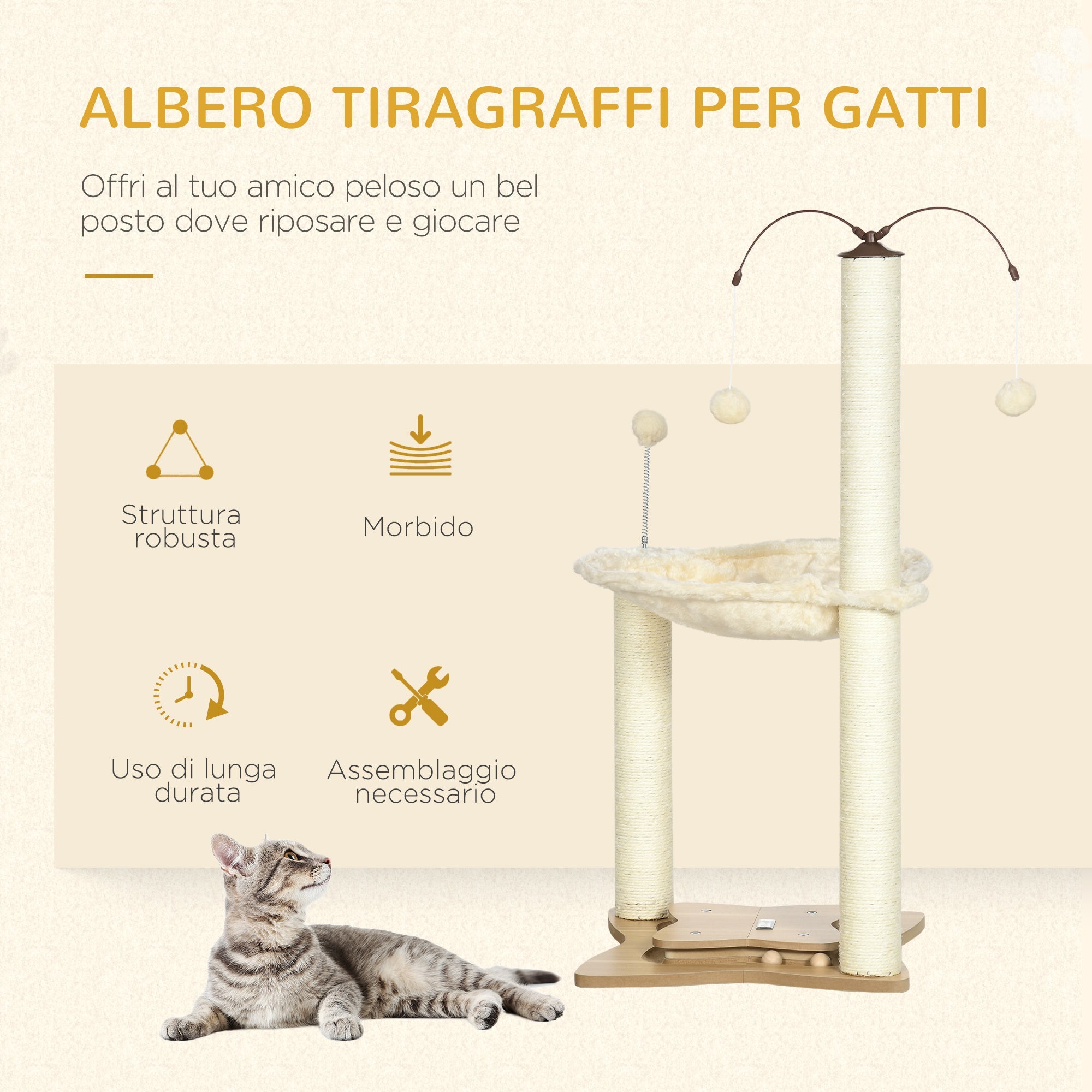 EASYCOMFORT Scratching Tree for Cats max 5kg with Hammock, Play Balls and Sisal Poles, 53.5x53.5x90 cm, Beige