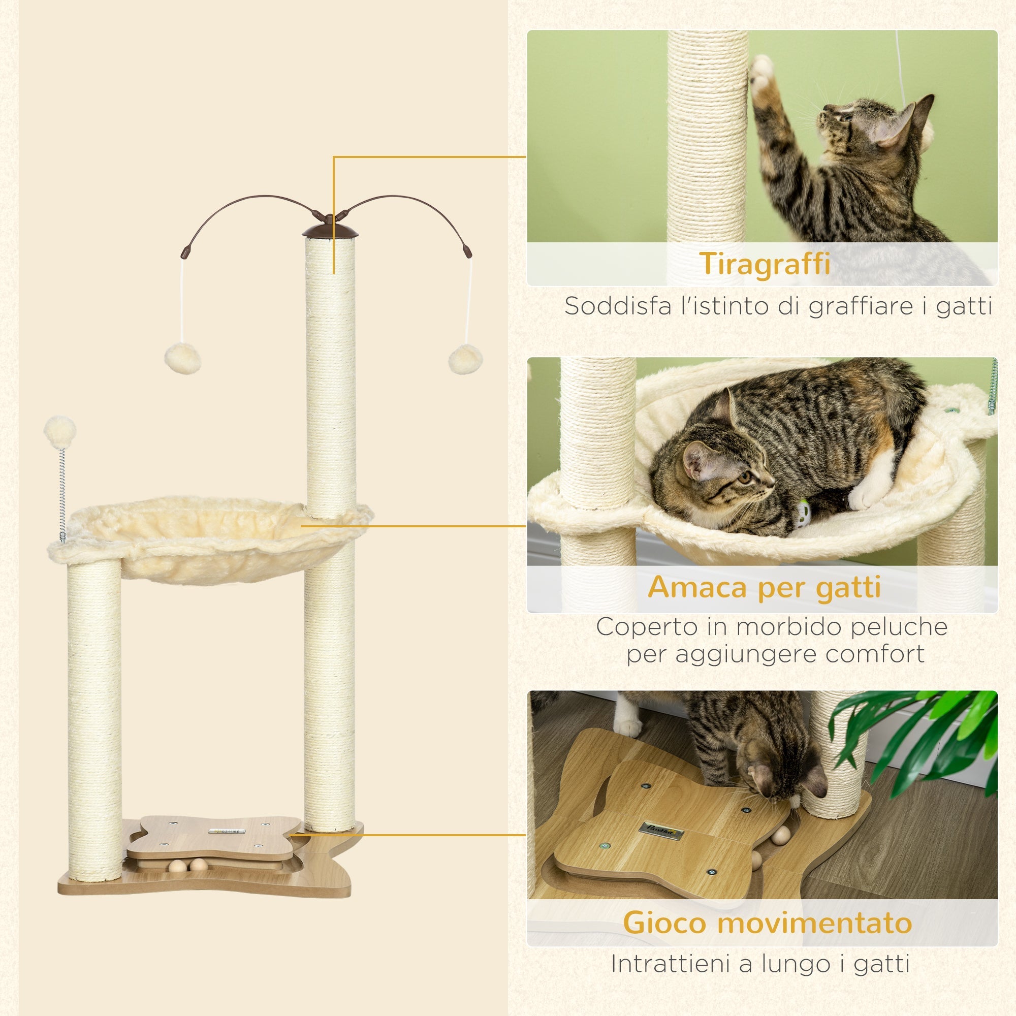EASYCOMFORT Scratching Tree for Cats max 5kg with Hammock, Play Balls and Sisal Poles, 53.5x53.5x90 cm, Beige
