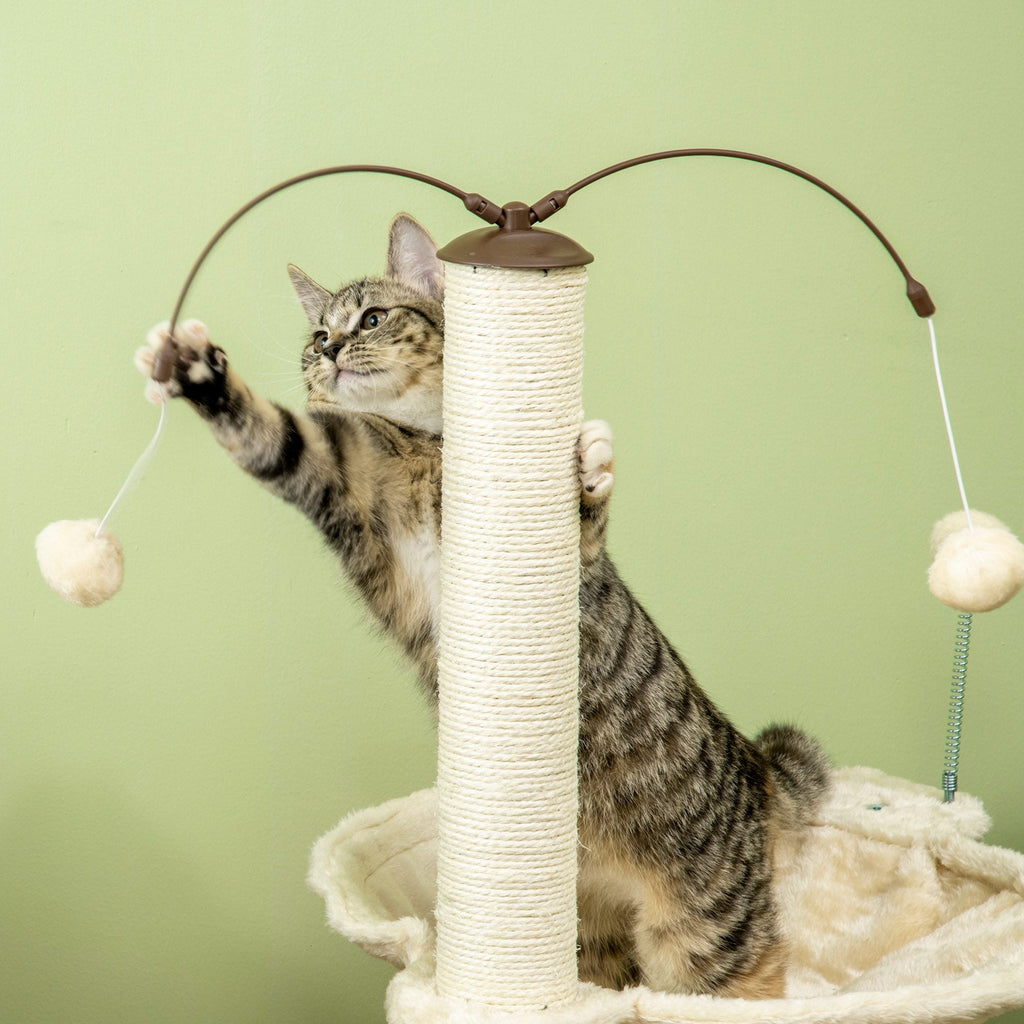 EASYCOMFORT Scratching Tree for Cats max 5kg with Hammock, Play Balls and Sisal Poles, 53.5x53.5x90 cm, Beige