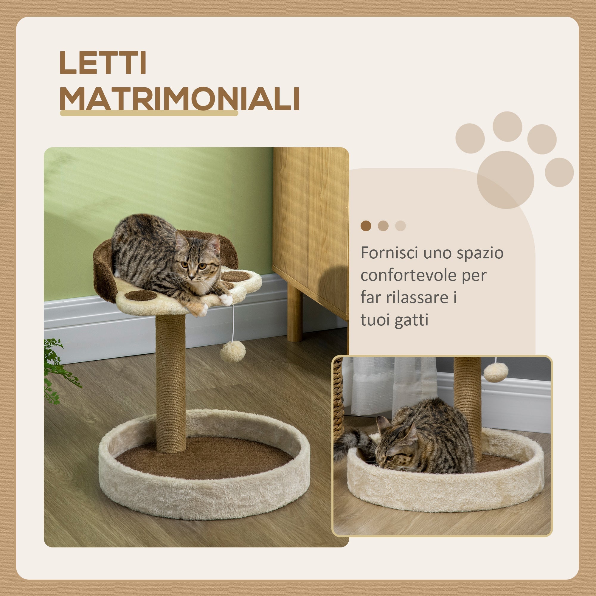 EASYCOMFORT Scratching Post for Cats weighing 5kg max with Bed and Game Ball, in Chipboard, Plush and Jute Rope, 41x41x44 cm