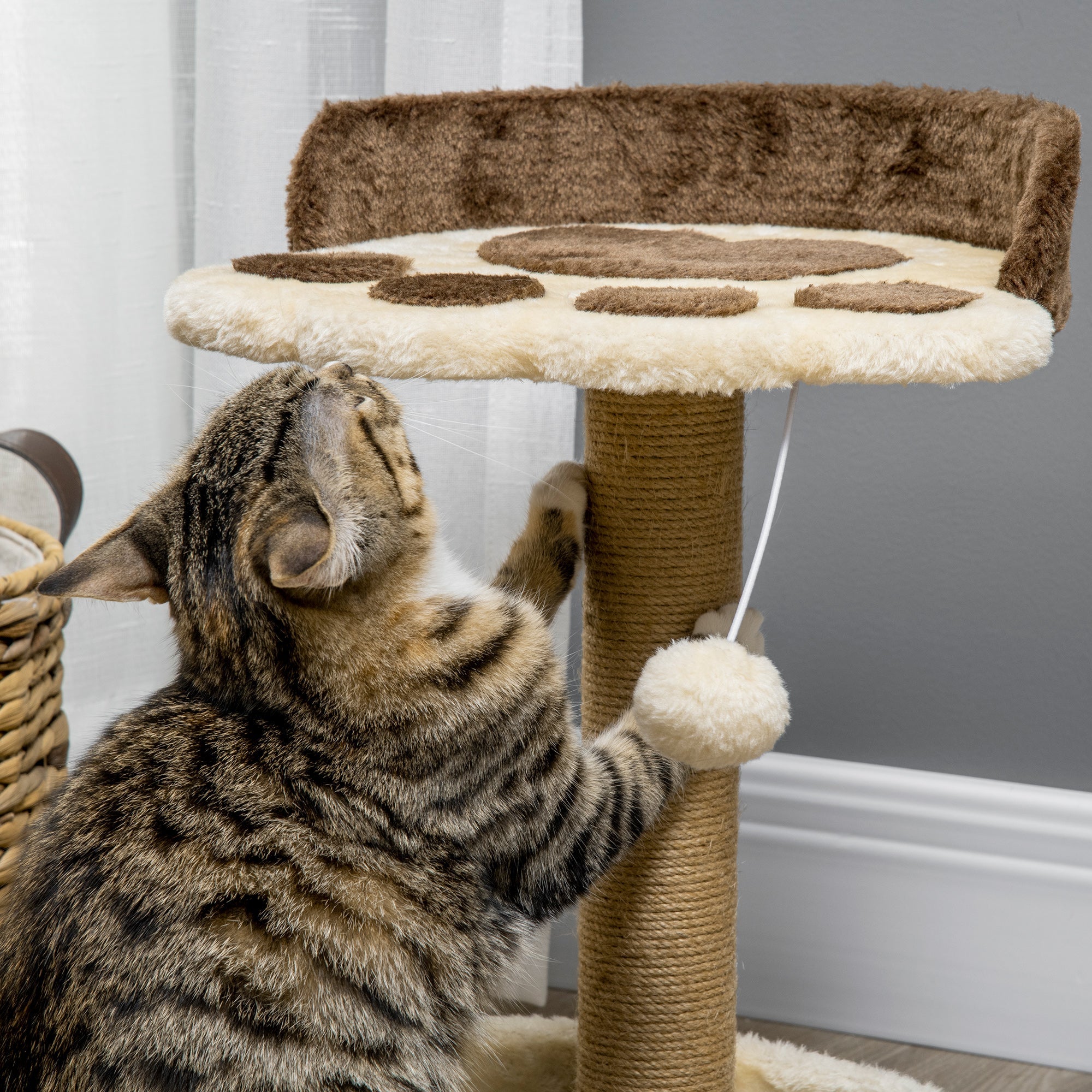 EASYCOMFORT Scratching Post for Cats weighing 5kg max with Bed and Game Ball, in Chipboard, Plush and Jute Rope, 41x41x44 cm