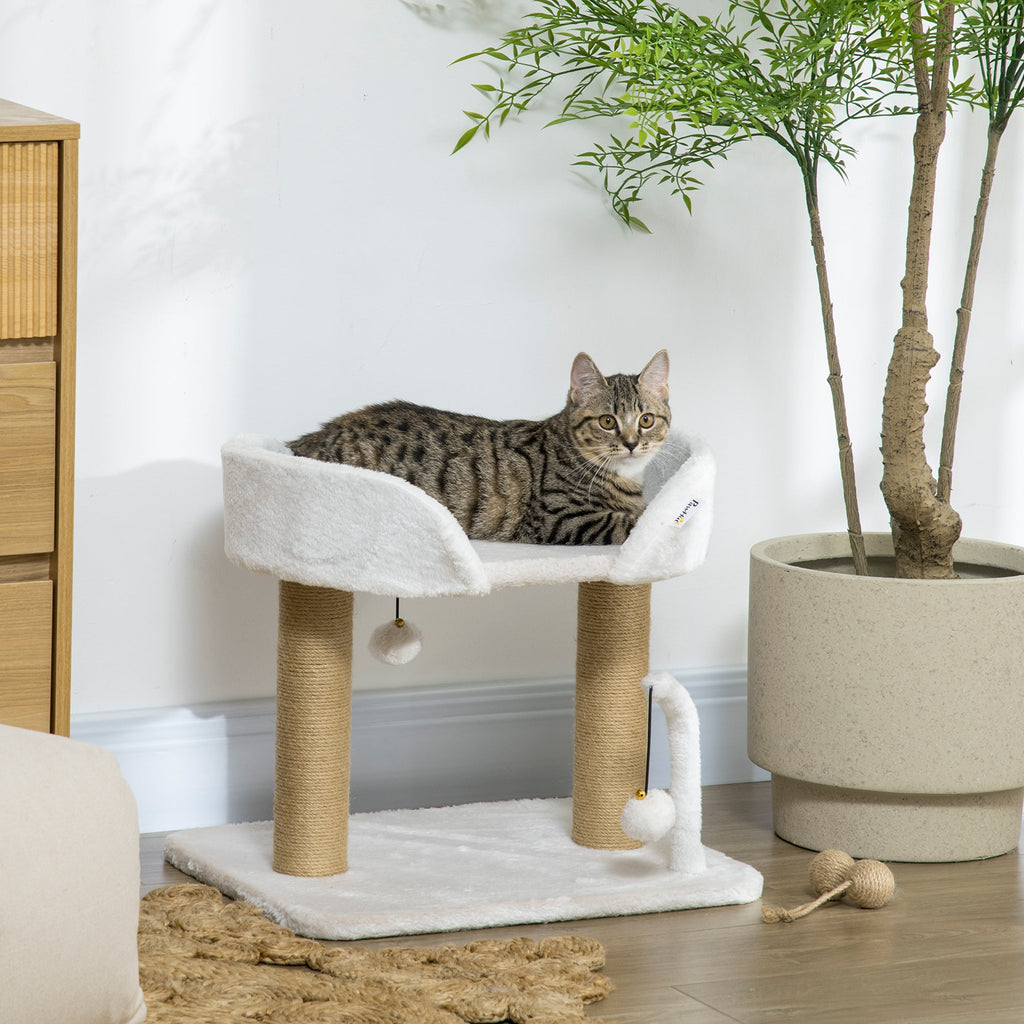 EASYCOMFORT Tower for Cats max 5kg in Chipboard with Scratching Post and Toy Balls, 48x38x42 cm, Yellow and White