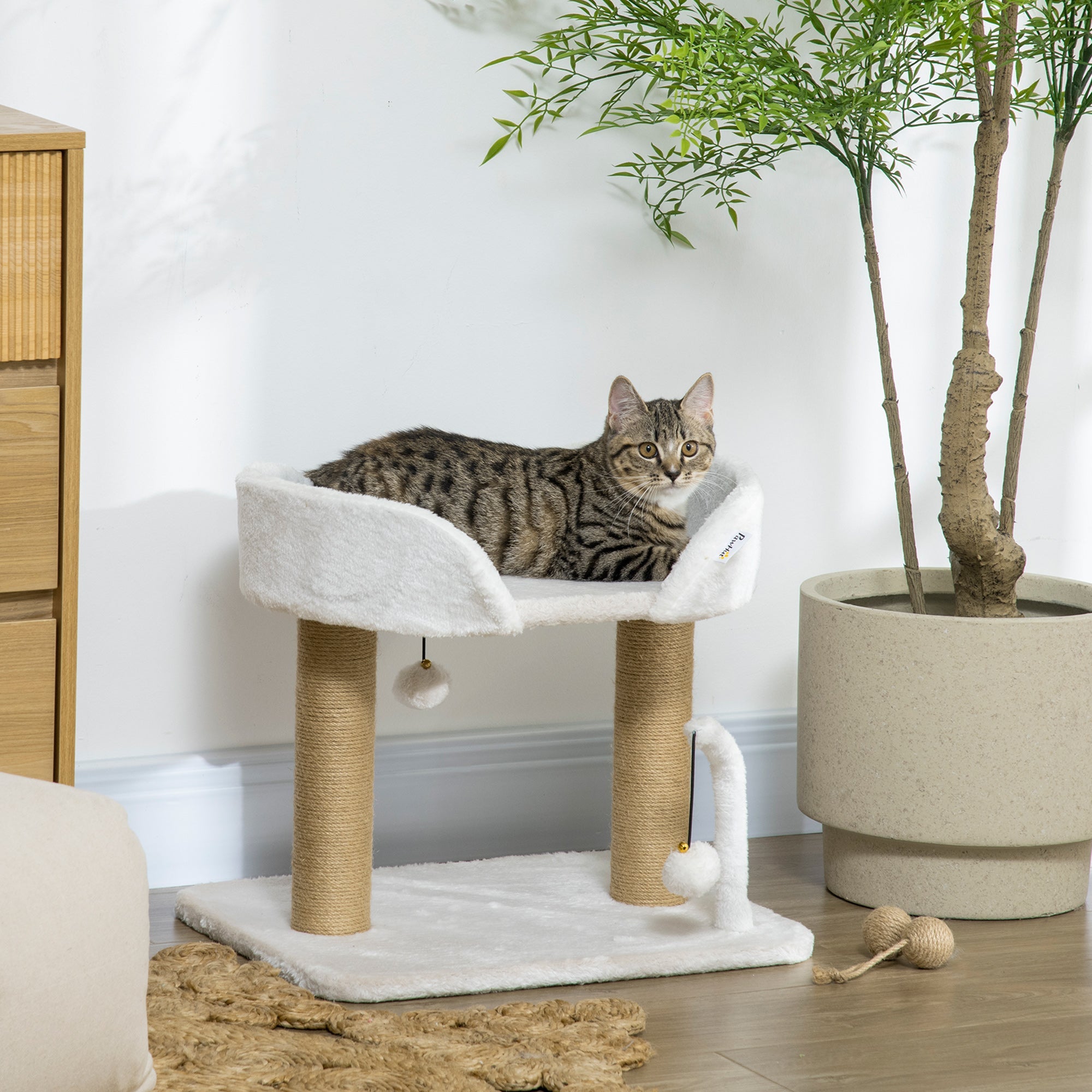EASYCOMFORT Tower for Cats max 5kg in Chipboard with Scratching Post and Toy Balls, 48x38x42 cm, Yellow and White