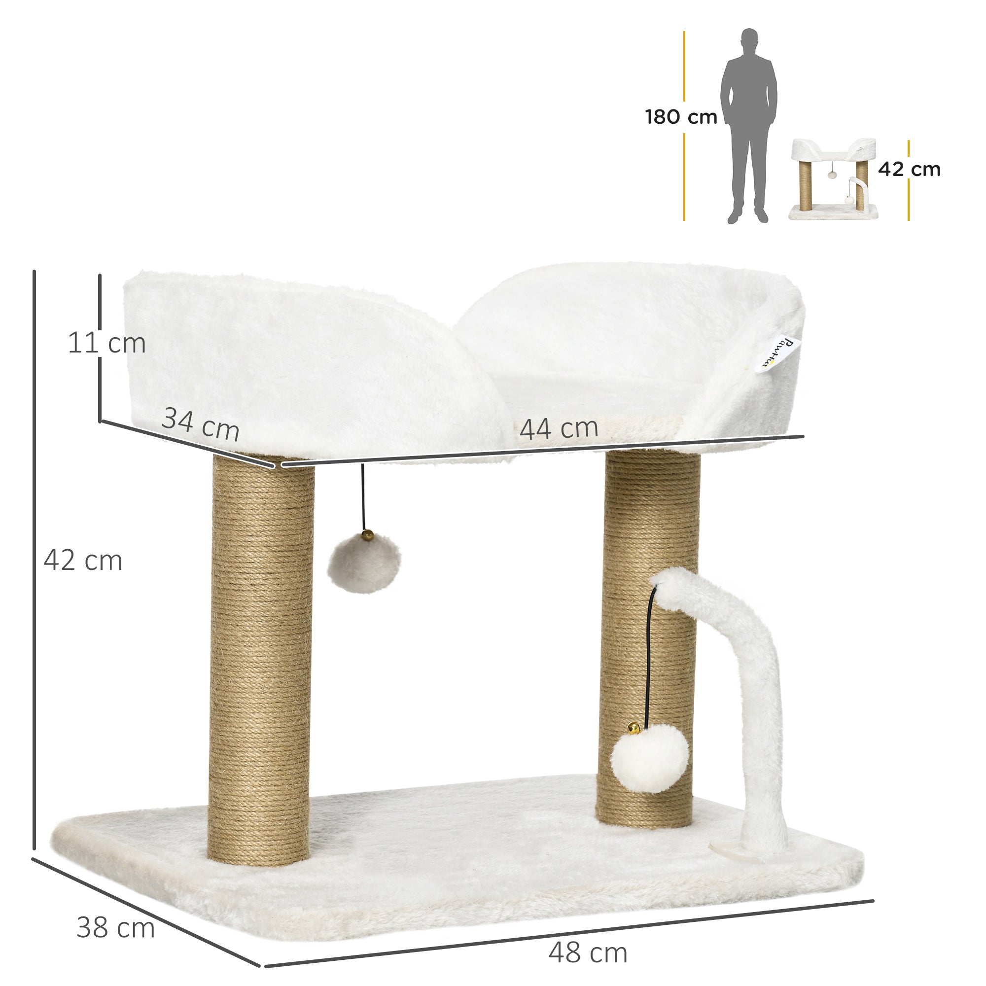 EASYCOMFORT Tower for Cats max 5kg in Chipboard with Scratching Post and Toy Balls, 48x38x42 cm, Yellow and White