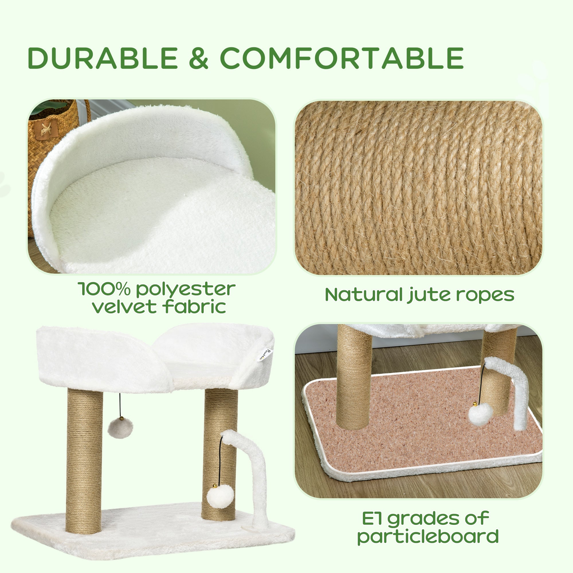 EASYCOMFORT Tower for Cats max 5kg in Chipboard with Scratching Post and Toy Balls, 48x38x42 cm, Yellow and White