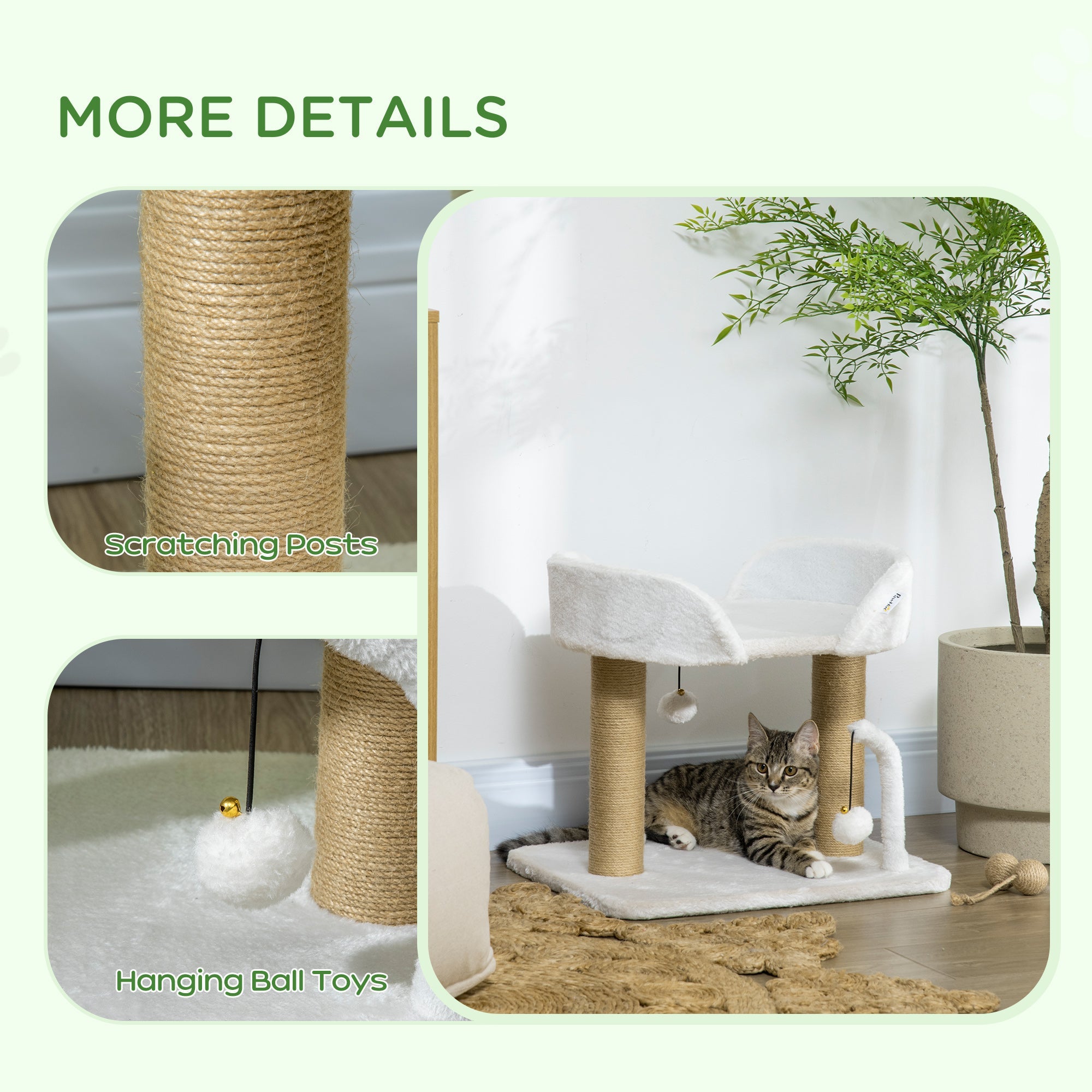 EASYCOMFORT Tower for Cats max 5kg in Chipboard with Scratching Post and Toy Balls, 48x38x42 cm, Yellow and White