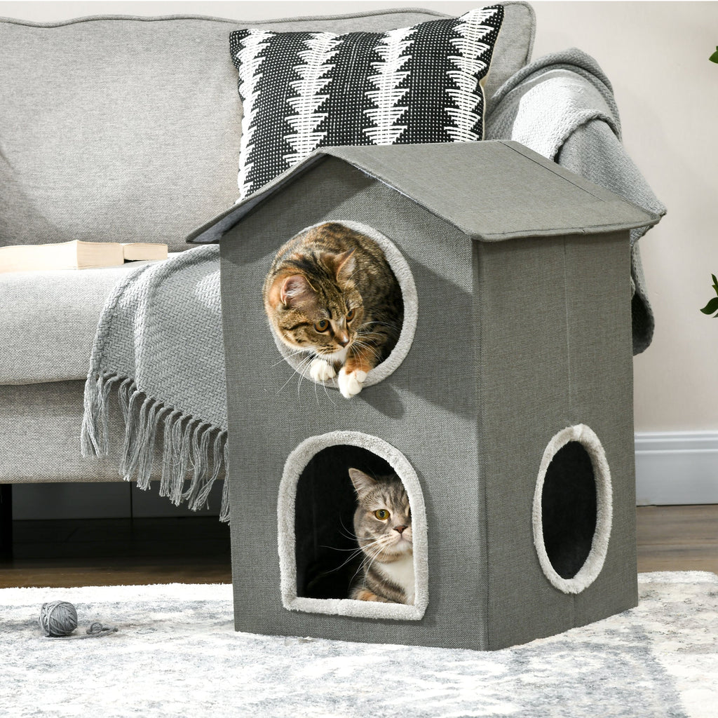 Easycomfort Casetta per Gatti a Due Livelli with Cuscini Lavabili 3 entrate, 42x46x59.5 cm, Grigio