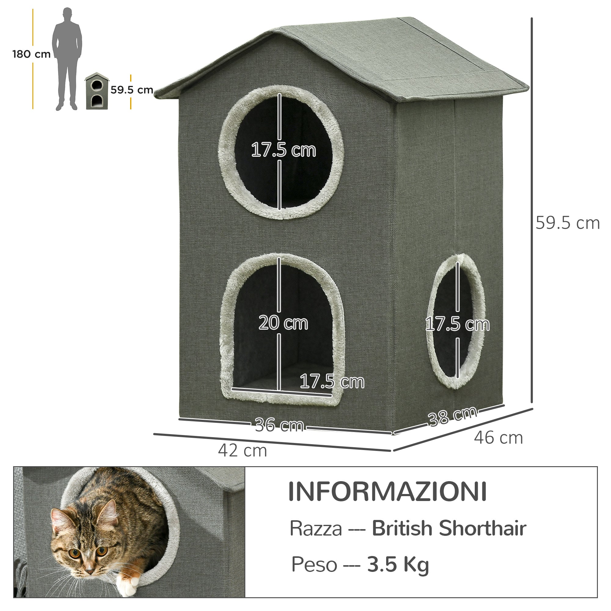 Easycomfort Casetta per Gatti a Due Livelli with Cuscini Lavabili 3 entrate, 42x46x59.5 cm, Grigio
