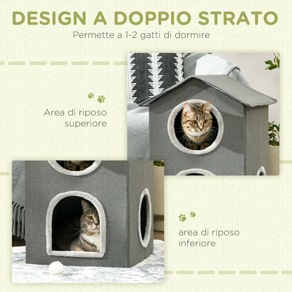 Easycomfort Casetta per Gatti a Due Livelli with Cuscini Lavabili 3 entrate, 42x46x59.5 cm, Grigio
