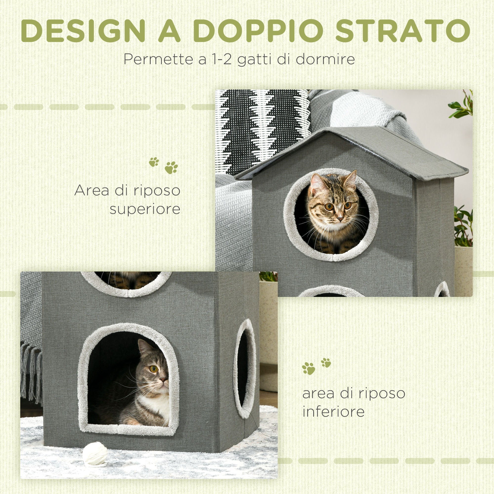 Easycomfort Casetta per Gatti a Due Livelli with Cuscini Lavabili 3 entrate, 42x46x59.5 cm, Grigio