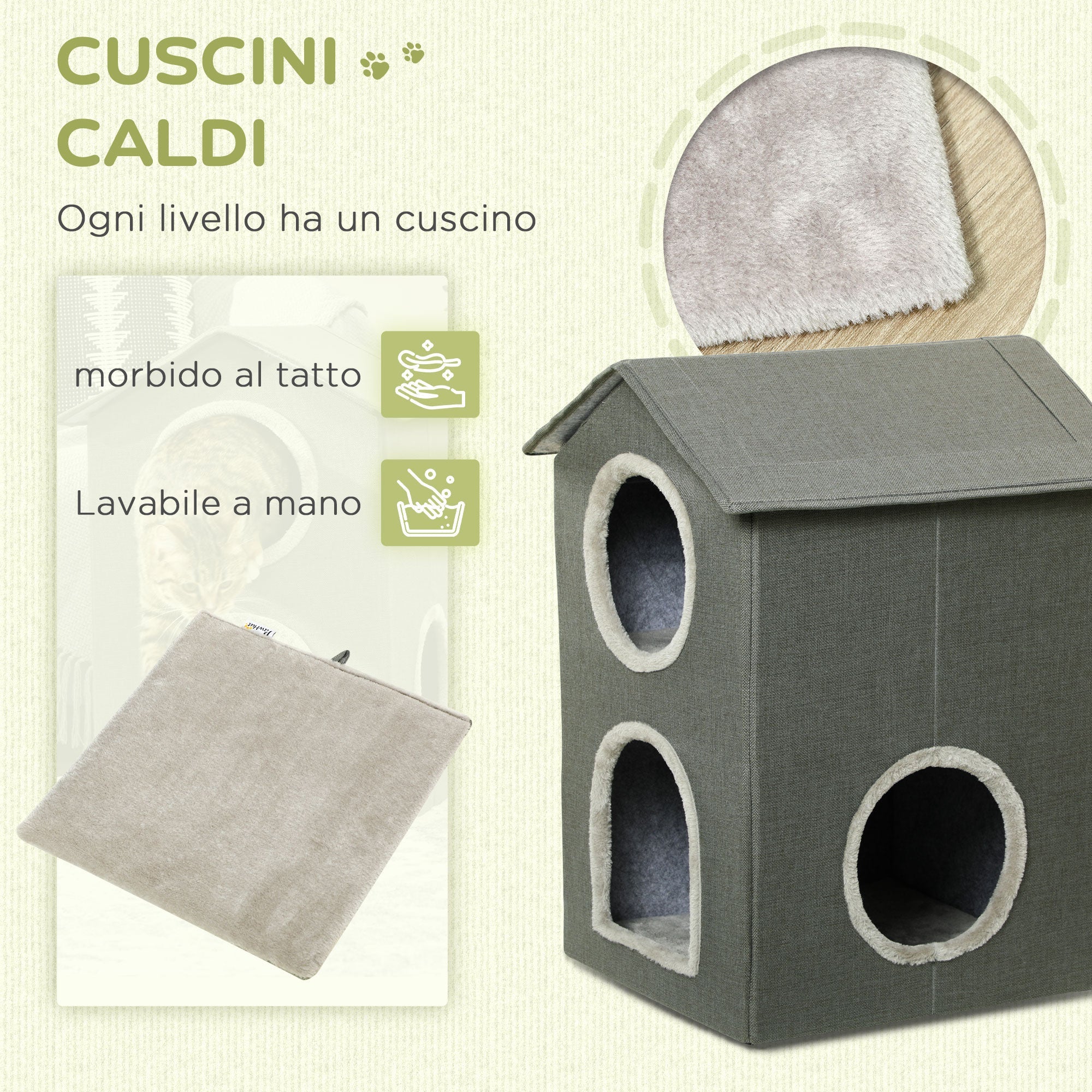 Easycomfort Casetta per Gatti a Due Livelli with Cuscini Lavabili 3 entrate, 42x46x59.5 cm, Grigio