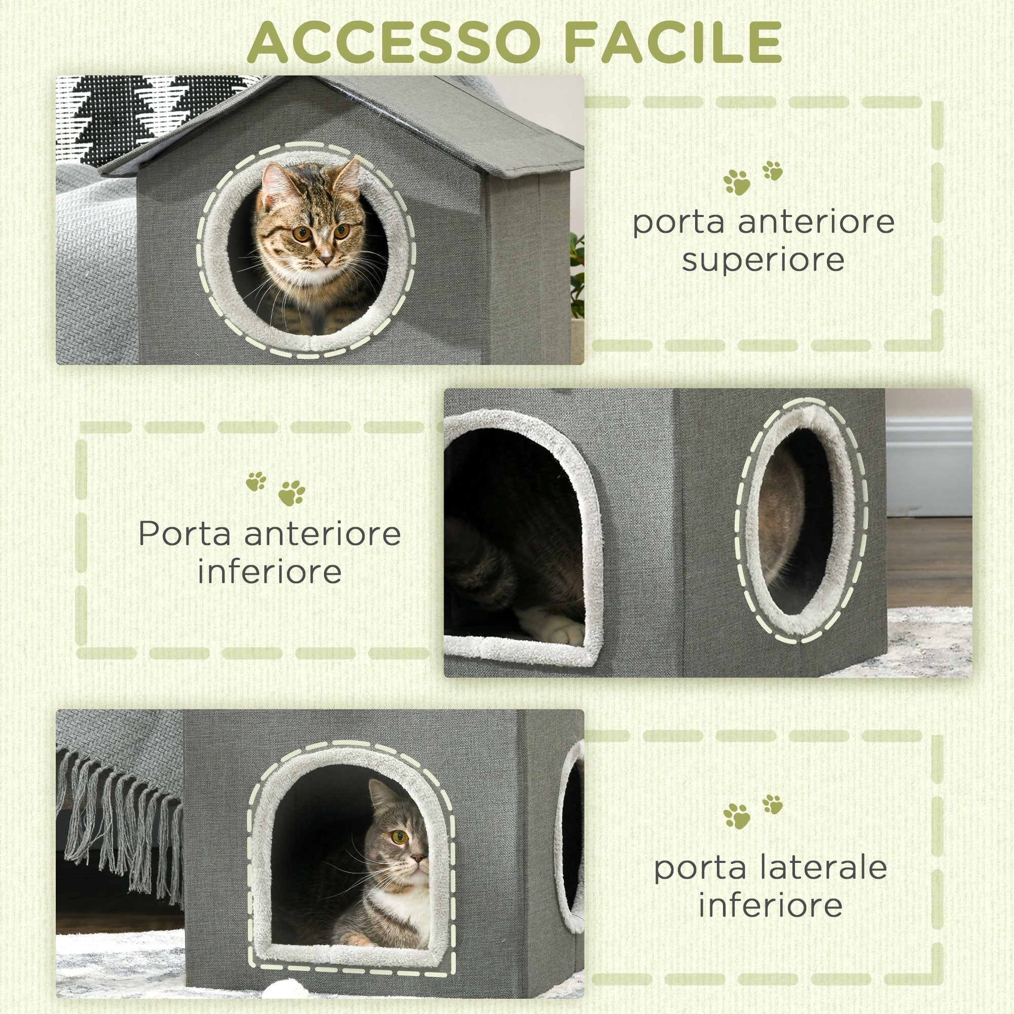 Easycomfort Casetta per Gatti a Due Livelli with Cuscini Lavabili 3 entrate, 42x46x59.5 cm, Grigio